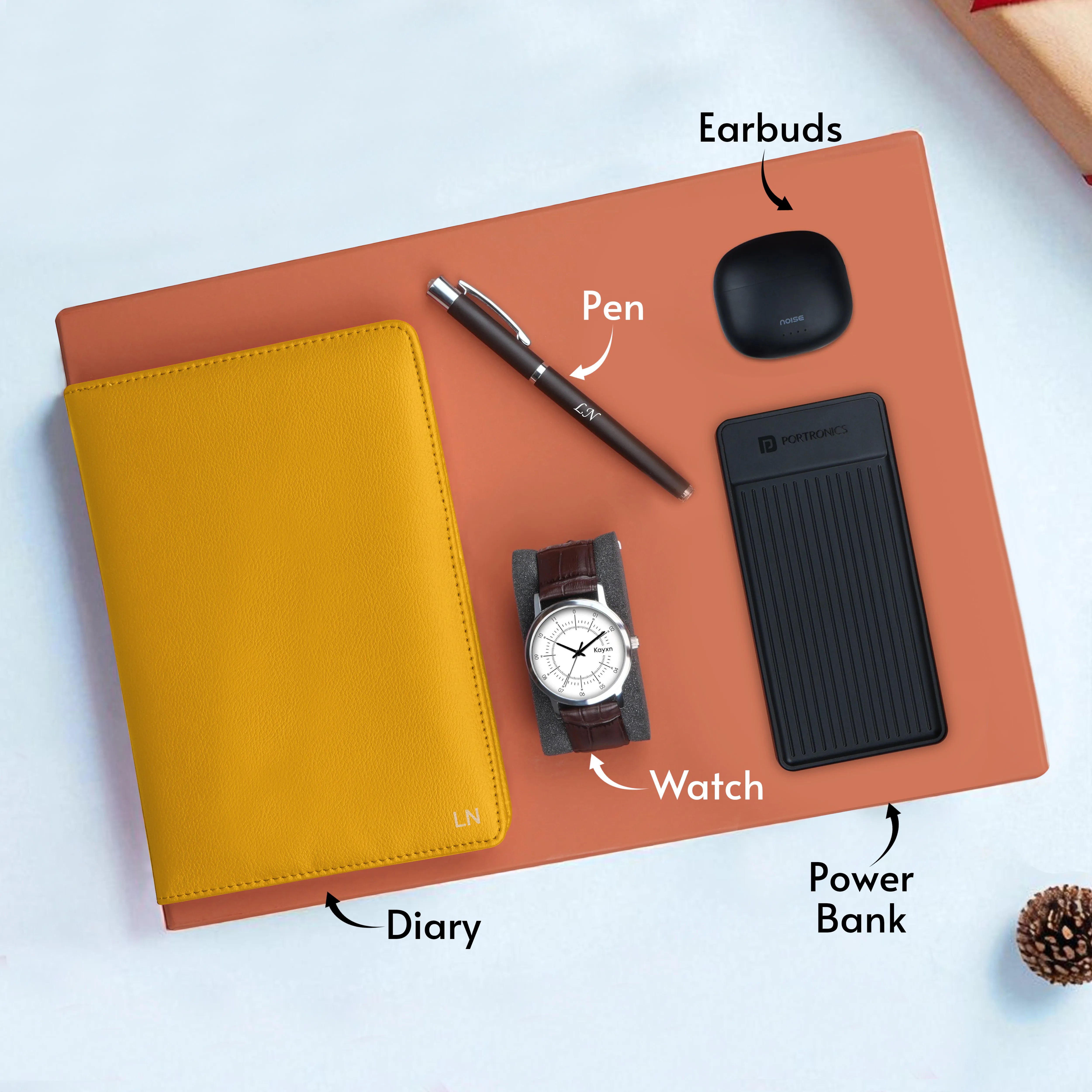 Personalized Diary Pen Power Bank Earbuds & Watch Gift Hamper