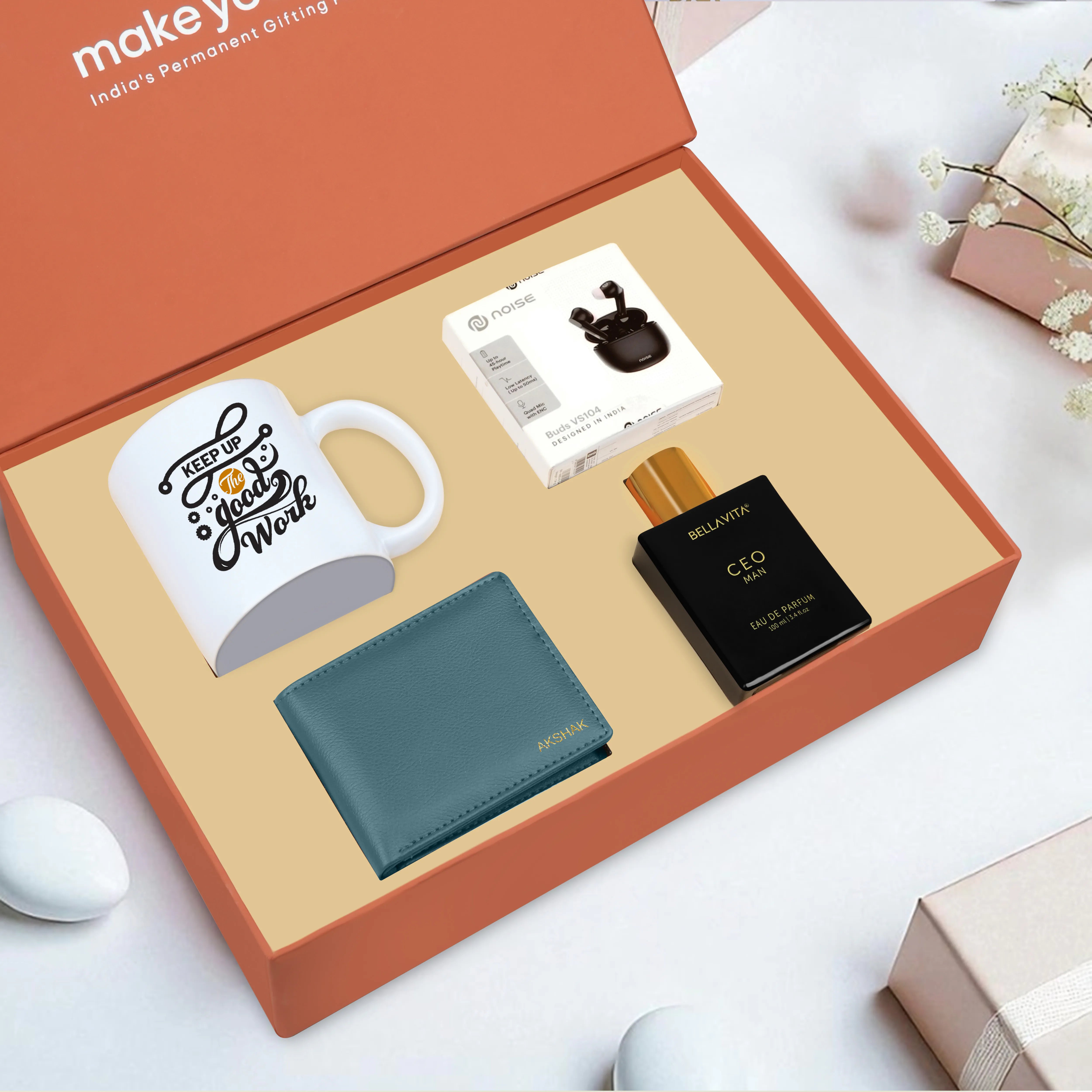 Personalized Wallet Perfume Earbuds & Mug Gift Hamper