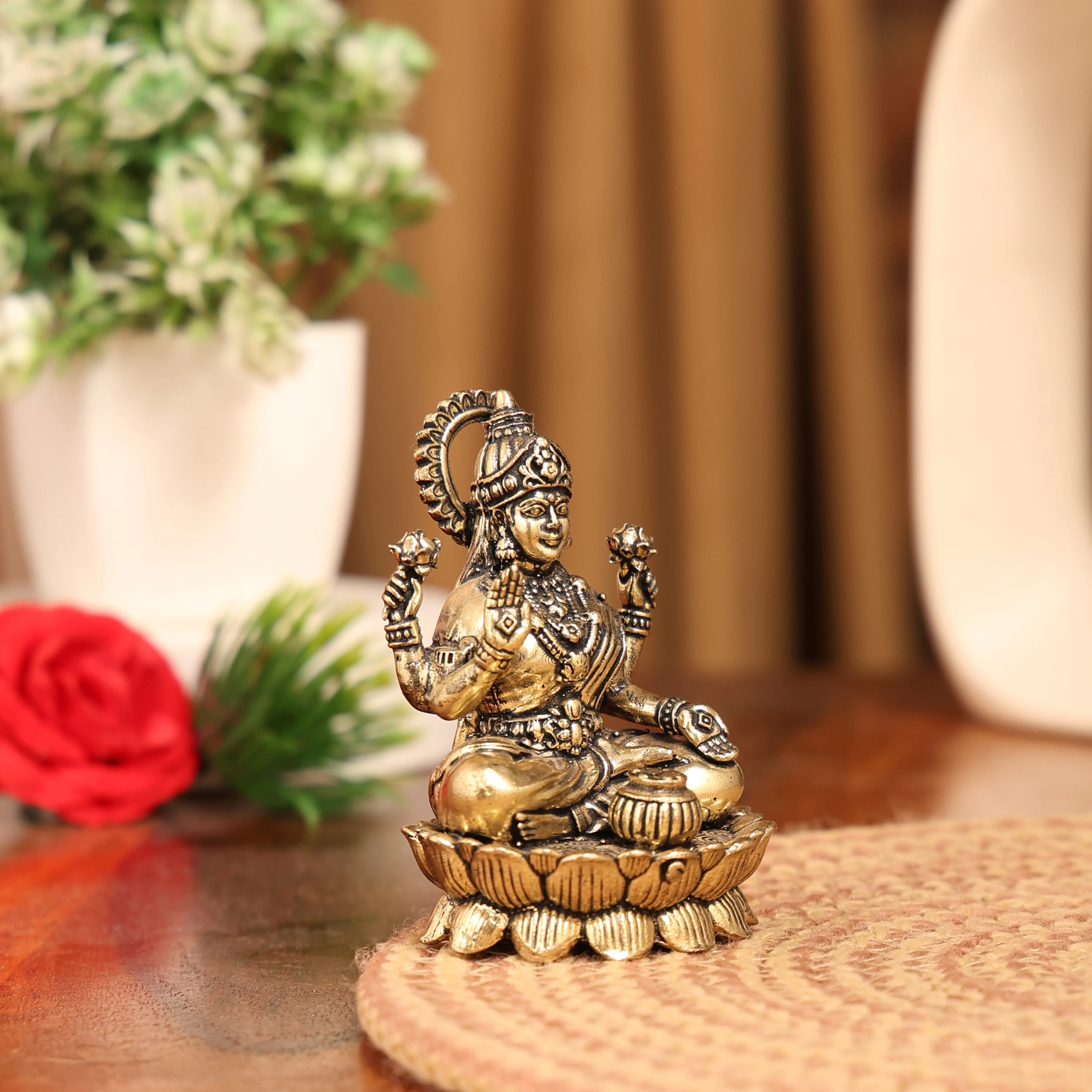 Goddess Lakshmi Sitting On Lotus Brass Murti