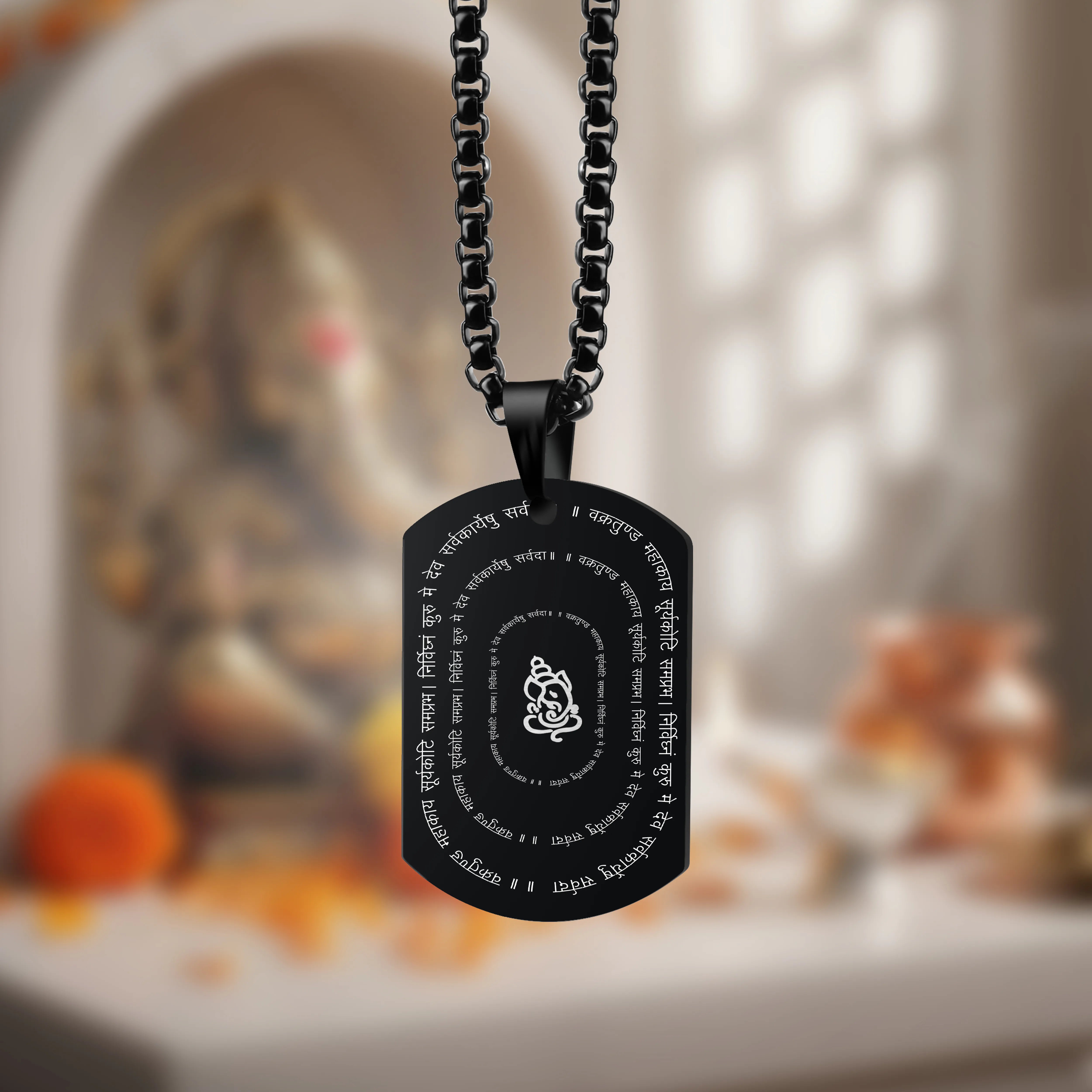 Vakratunda Mahakaya Black Stainless Steel Pendant & Chain Set