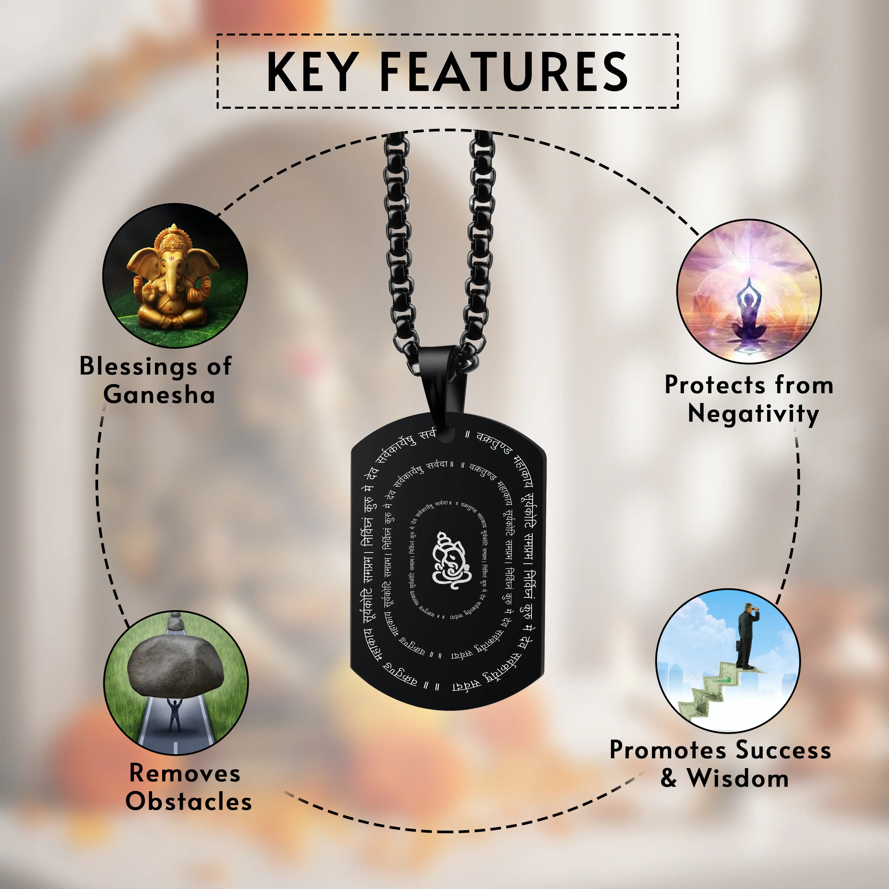 Vakratunda Mahakaya Black Stainless Steel Pendant & Chain Set