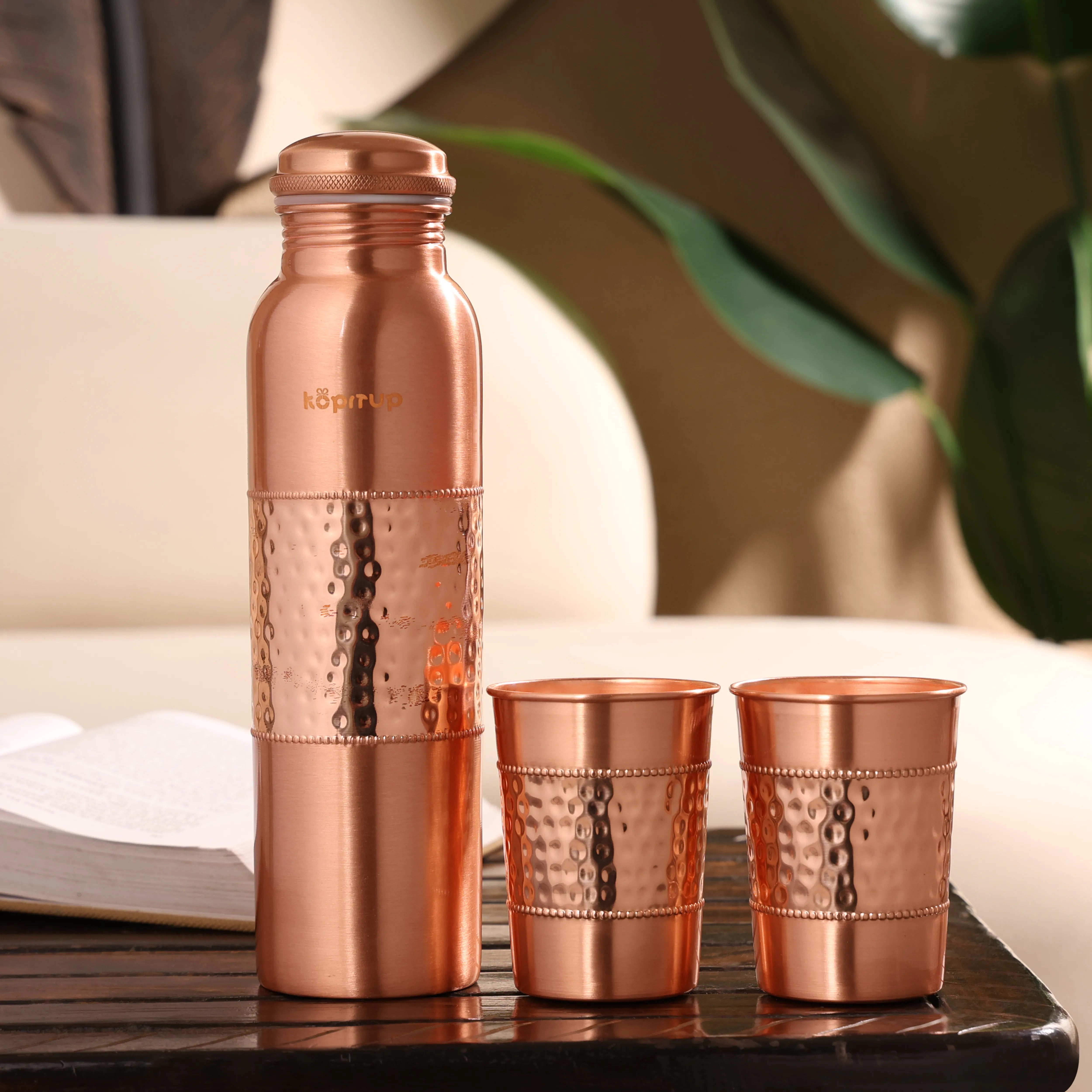 Ayura Hammered Copper Bottle & Glass Set