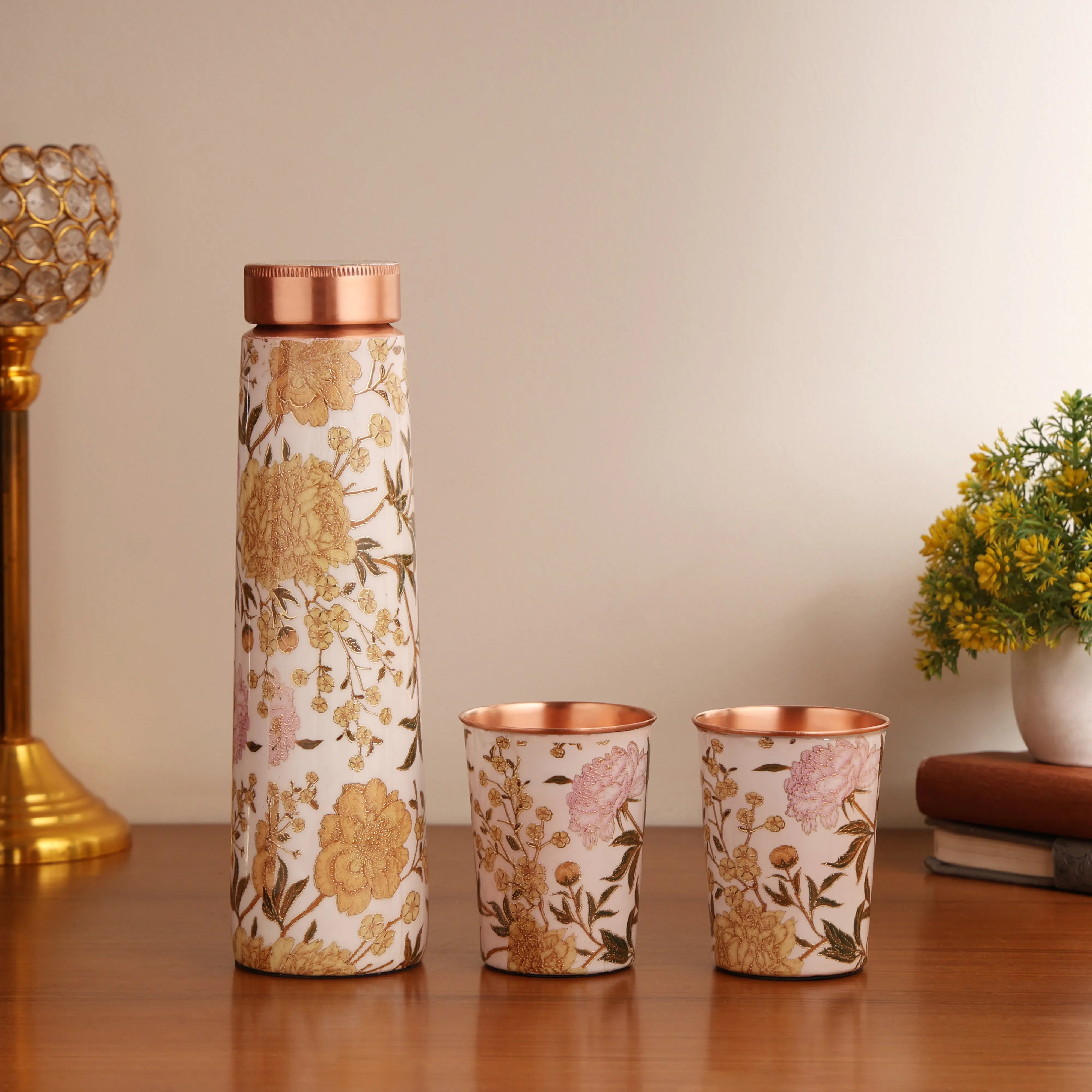 Blossom Aura White Floral Copper Bottle & Glass Set