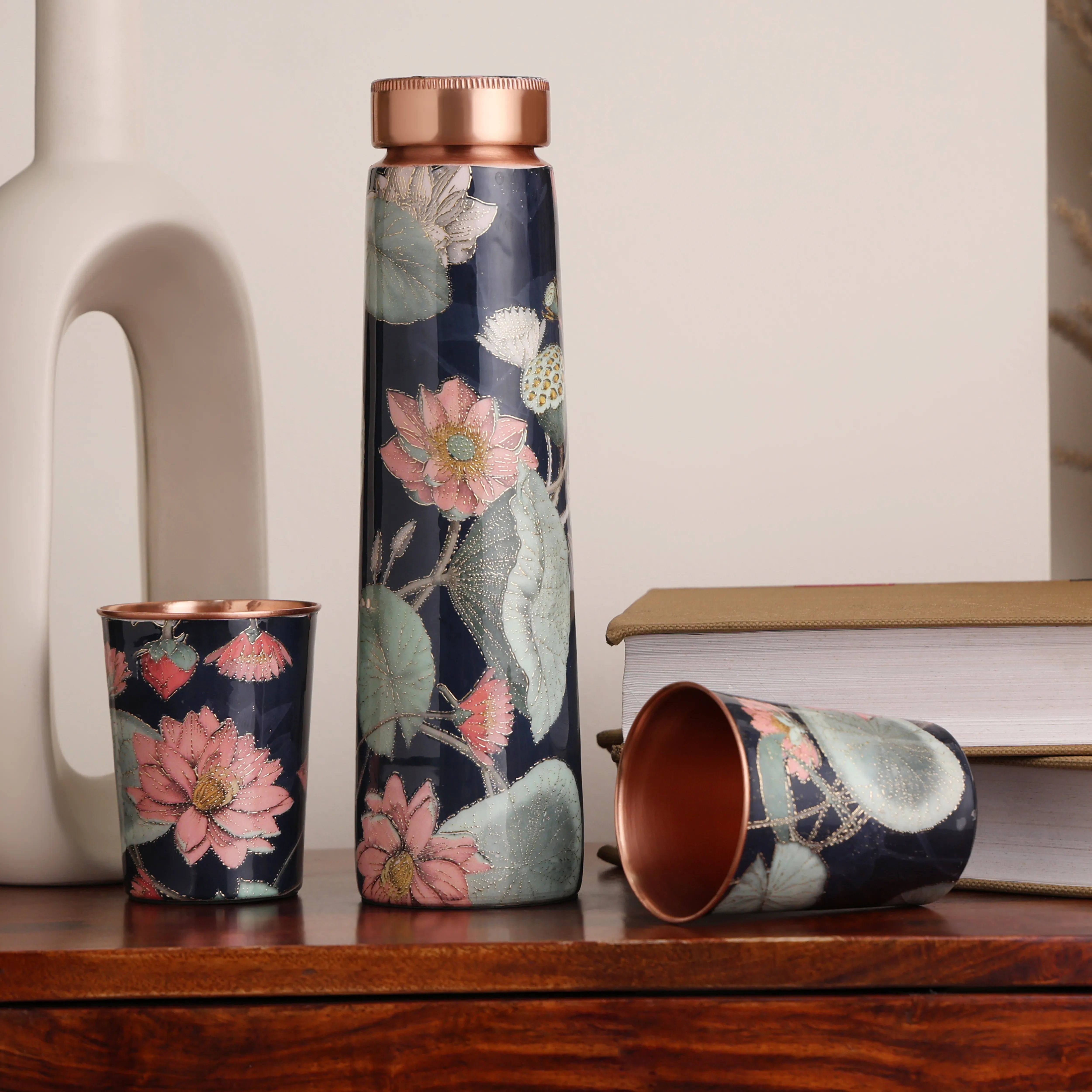 Lotus Blue Floral Copper Bottle & Glass Set