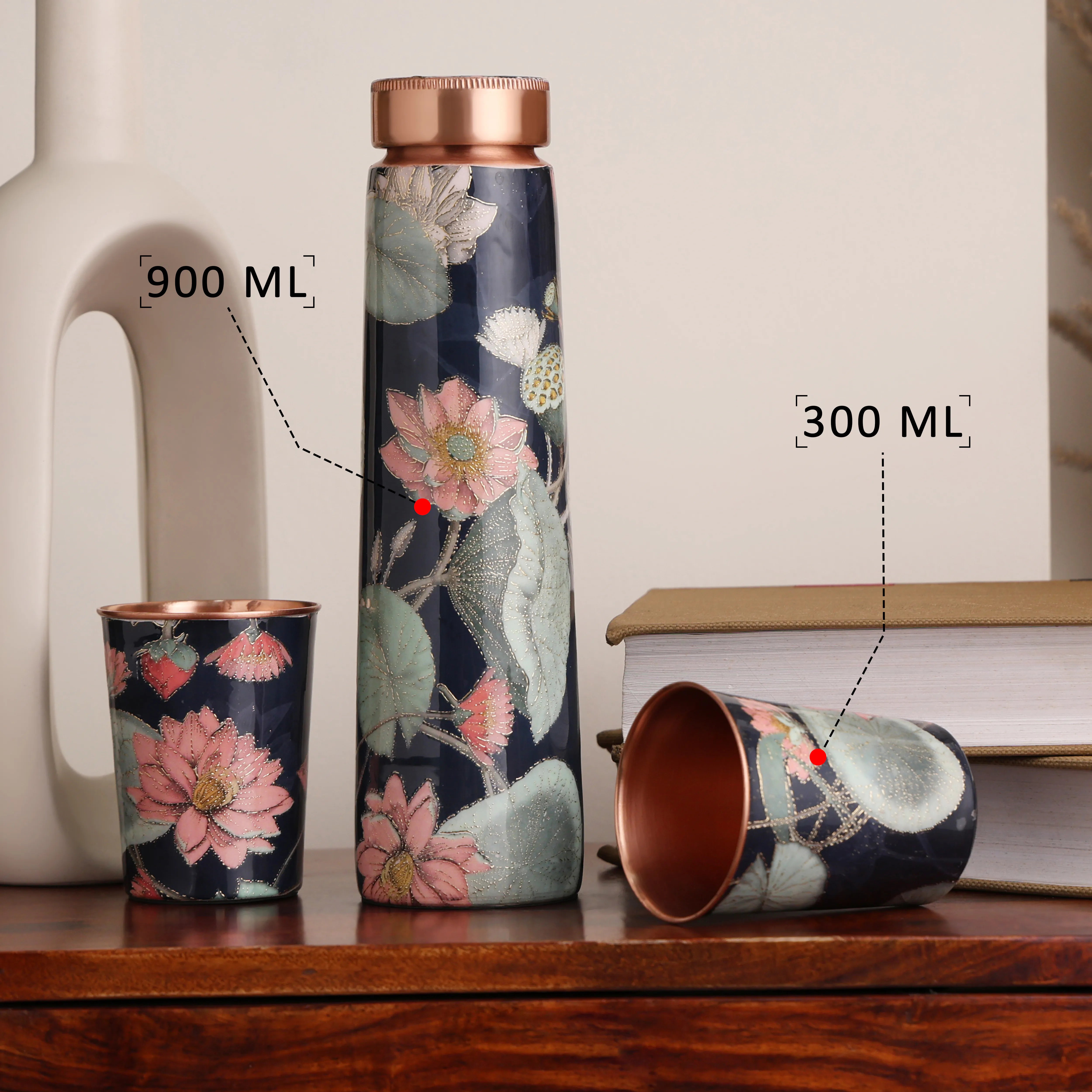 Lotus Blue Floral Copper Bottle & Glass Set
