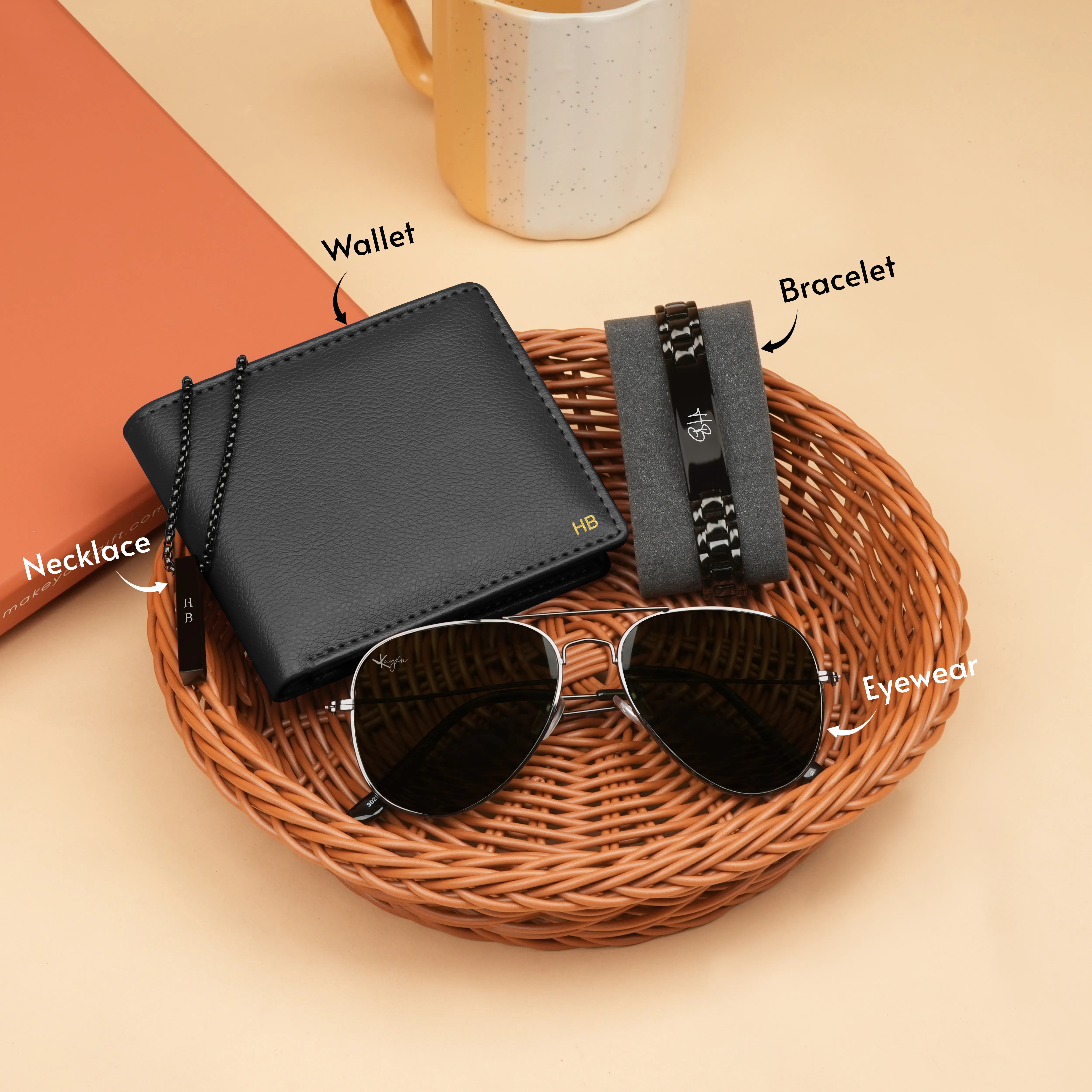 Personalized Wallet, Bracelet, Necklace & Sunglasses Gift Set