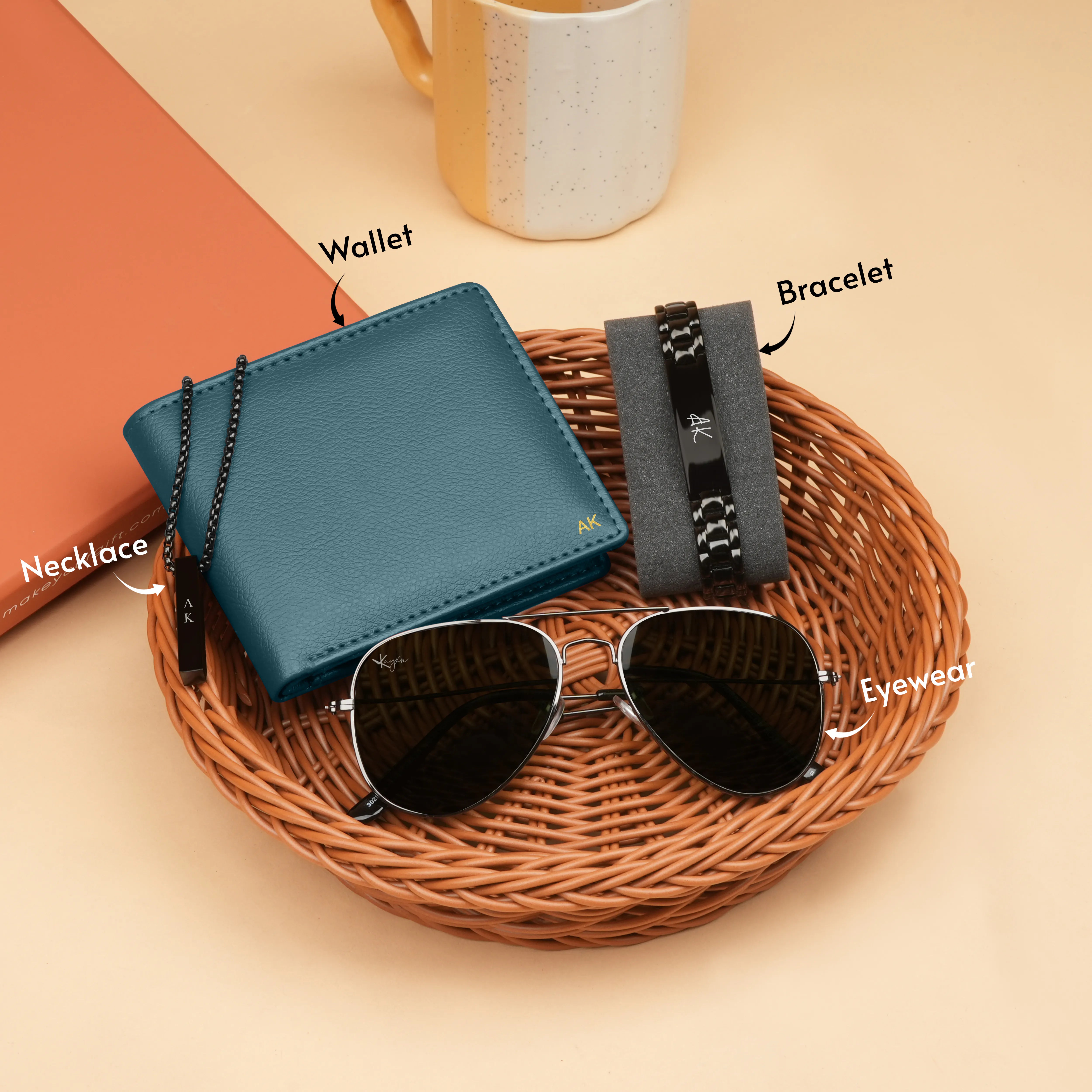 Personalized Wallet, Bracelet, Necklace & Sunglasses Gift Set