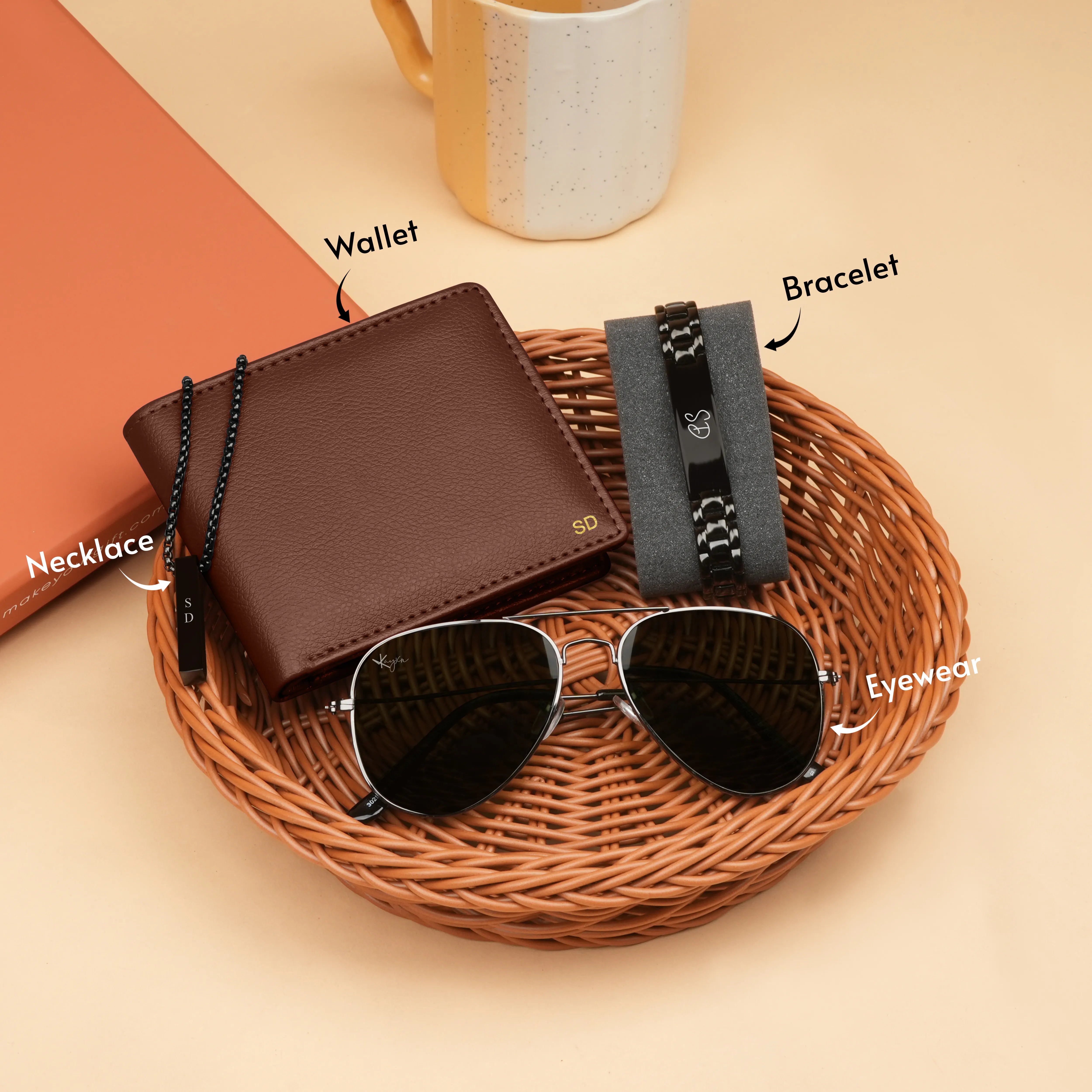 Personalized Wallet, Bracelet, Necklace & Sunglasses Gift Set