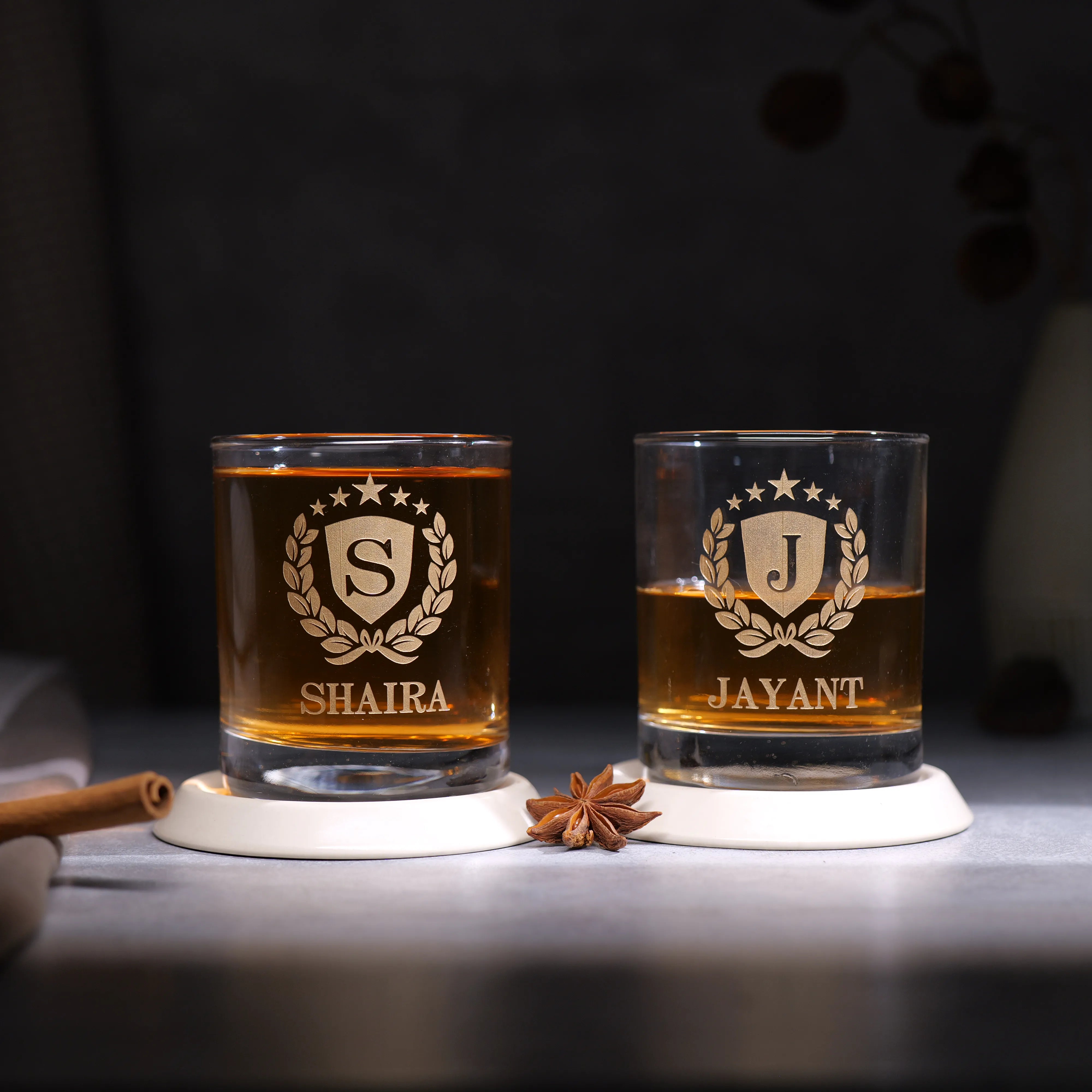 Personalized Couple Whiskey Glasses With Golden Name Etching - Set Of 2