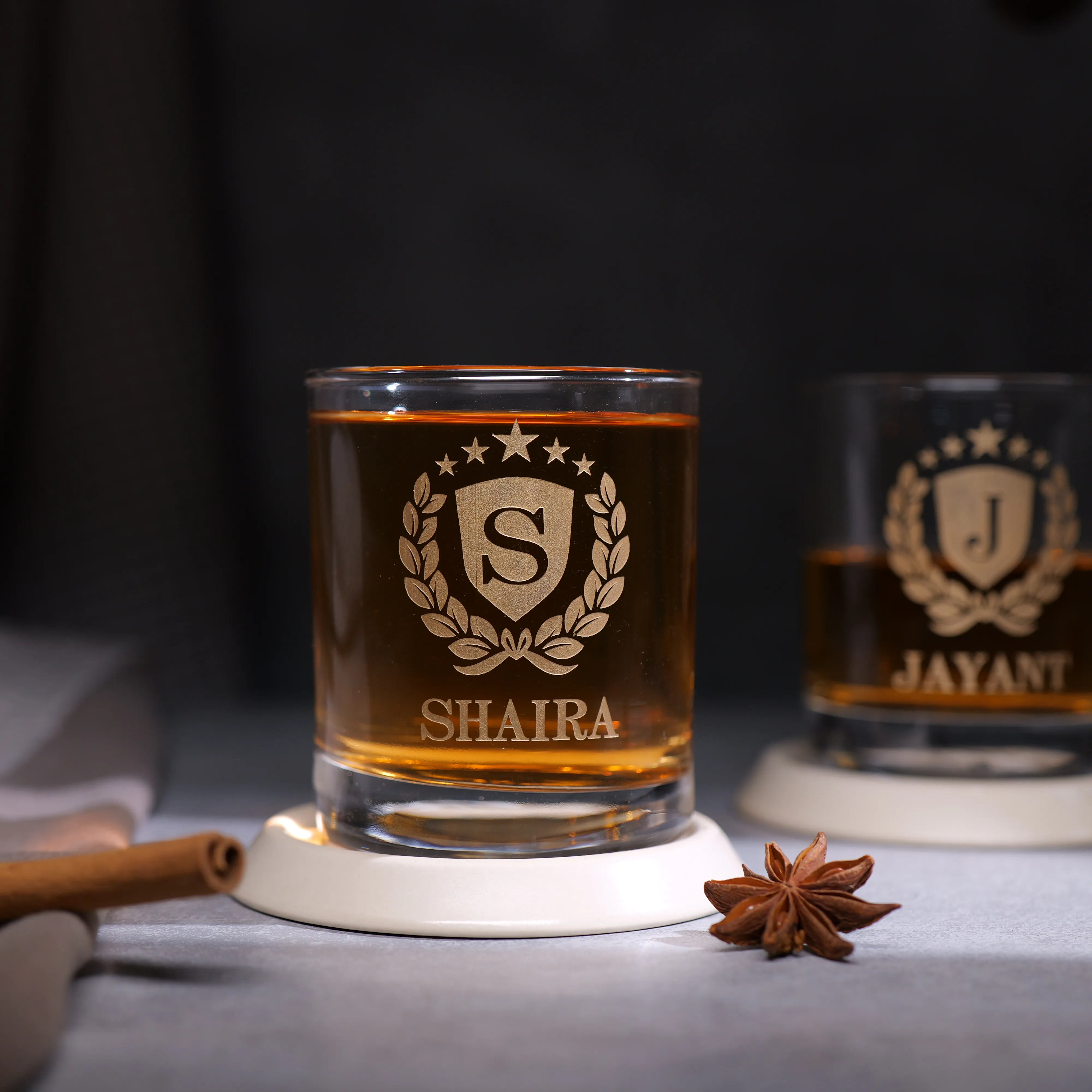 Personalized Couple Whiskey Glasses With Golden Name Etching - Set Of 2