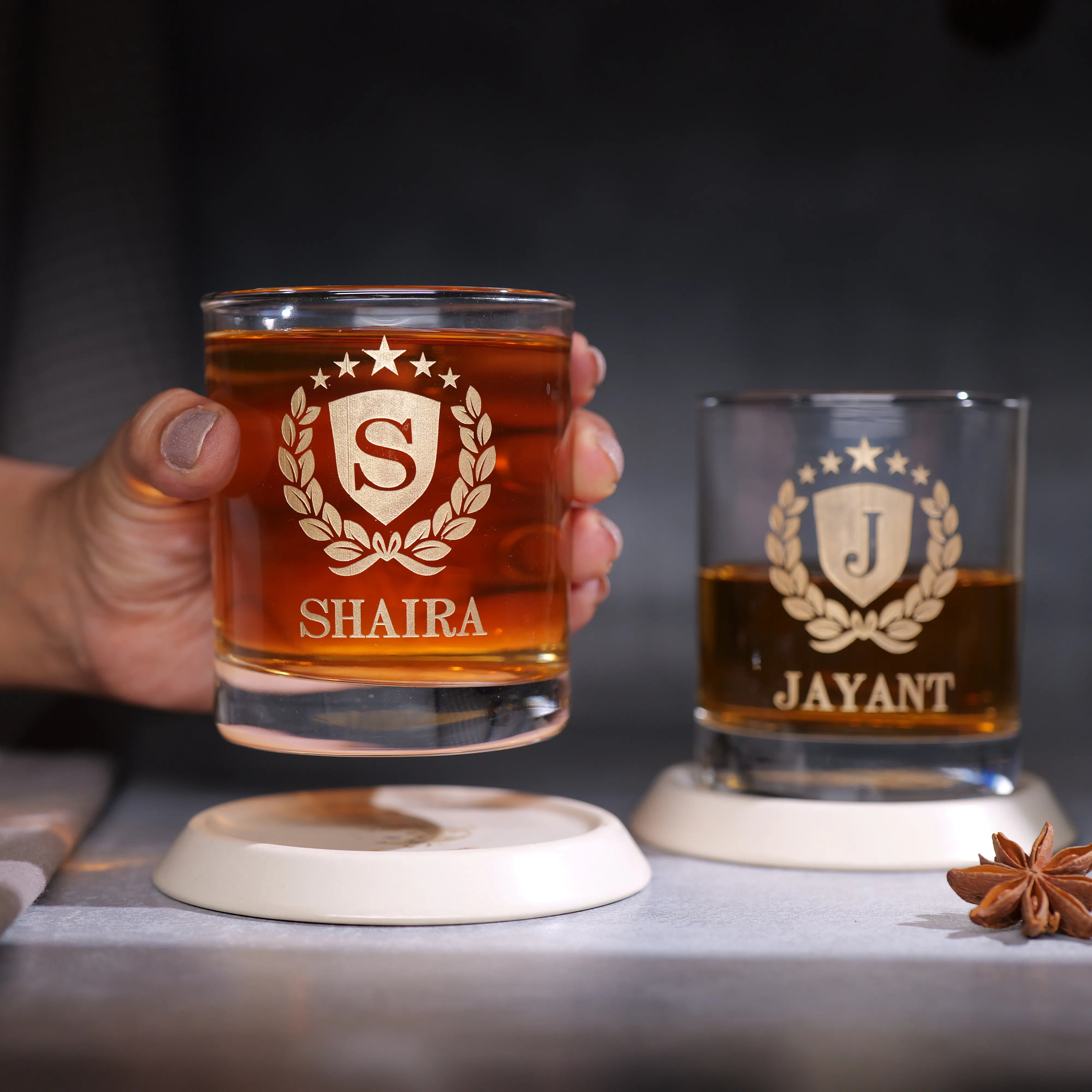 Personalized Couple Whiskey Glasses With Golden Name Etching - Set Of 2