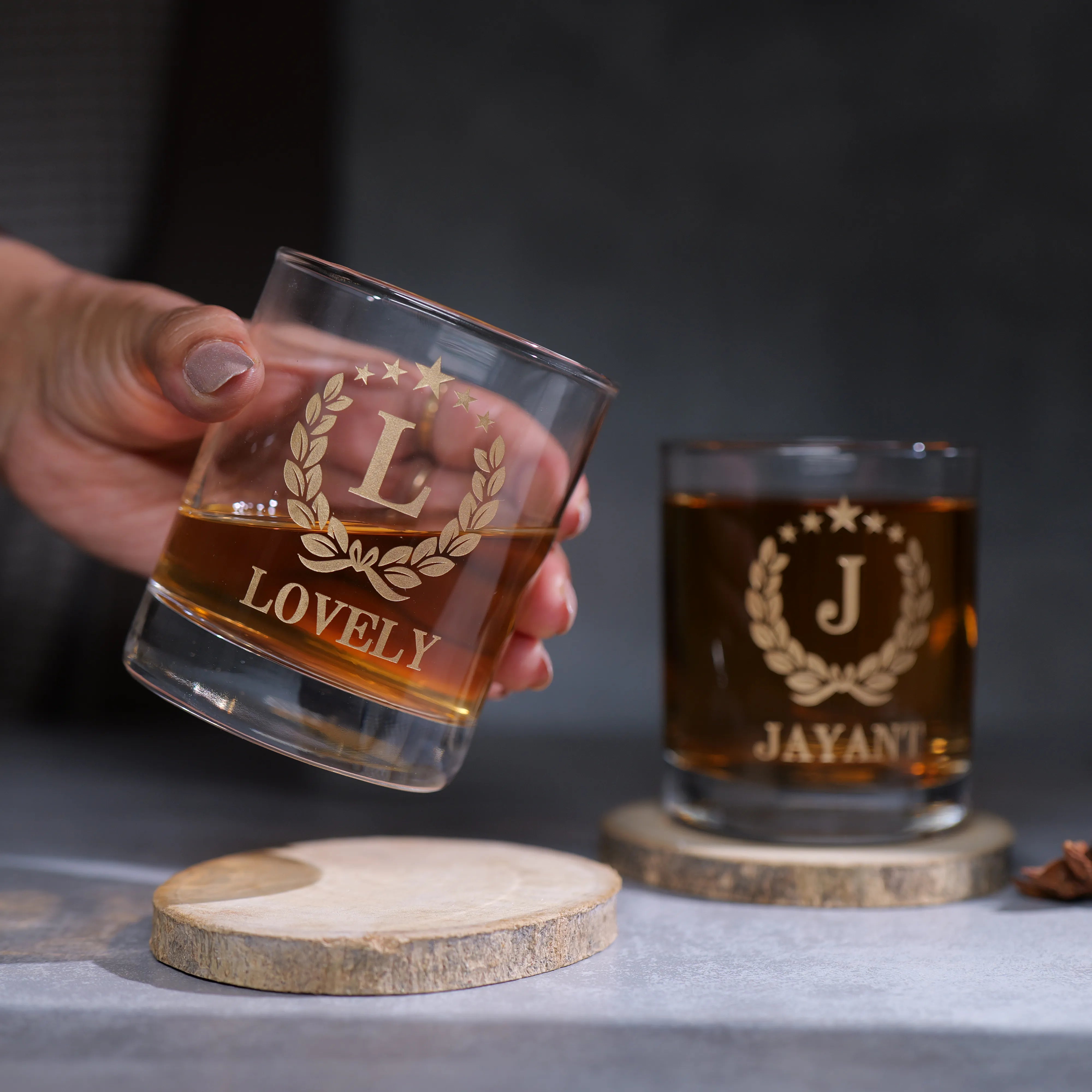 Personalized Couple Whiskey Glasses With Golden Name Etching Set Of 2