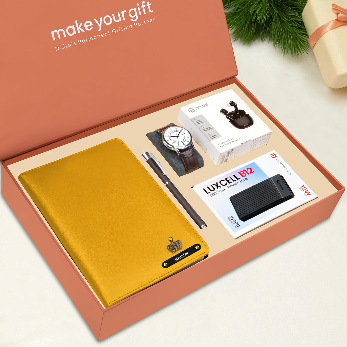 Personalized Diary Pen Power Bank Earbuds & Watch Gift Hamper