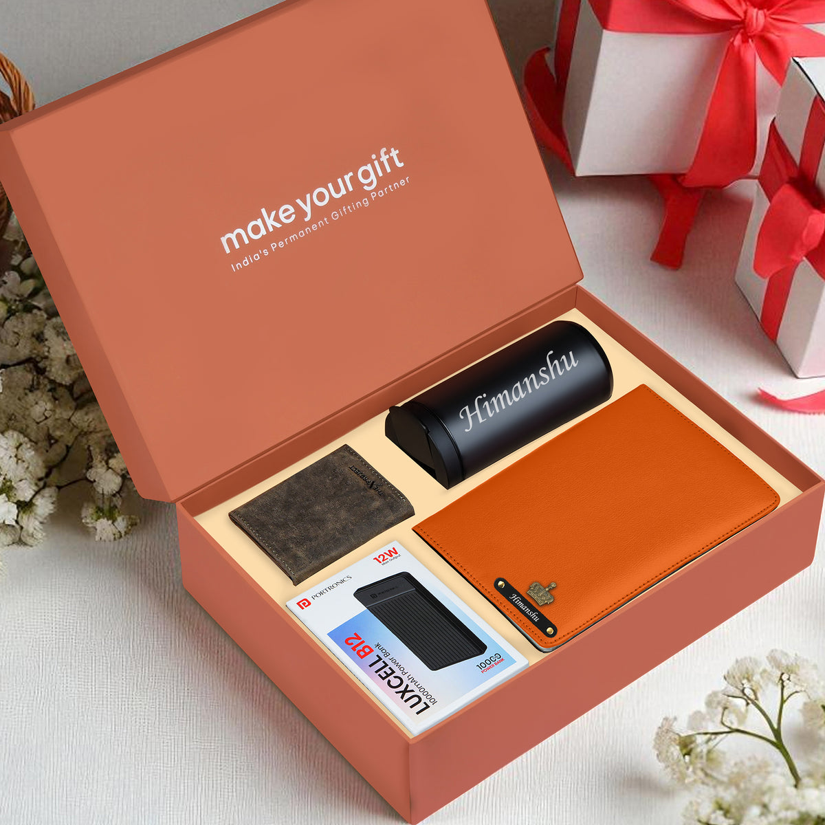 Personalized Diary Tumbler Cardholder And Power Bank Gift Hamper For Him