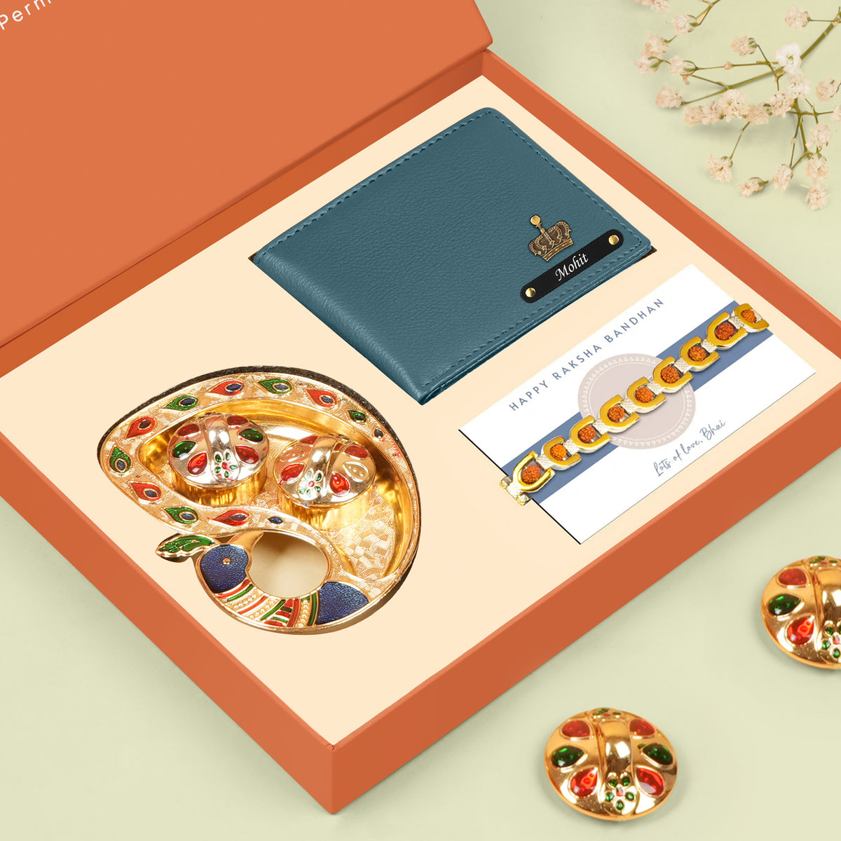 Personalized Leather Wallet & Bracelet Rakhi Hamper