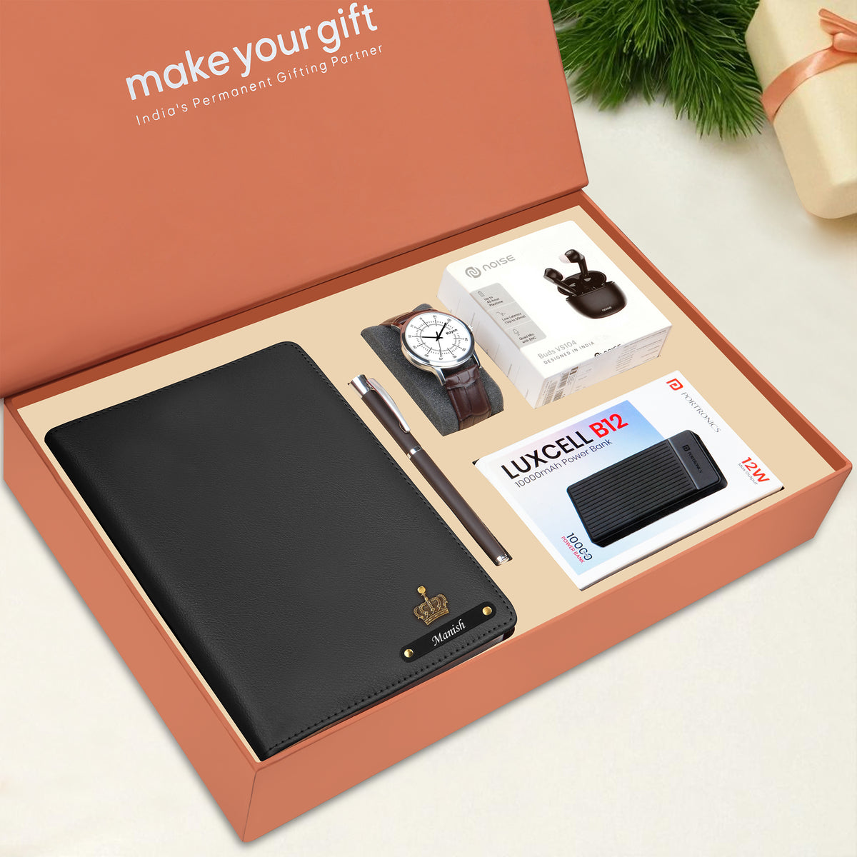 Personalized Diary Pen Power Bank Earbuds & Watch Gift Hamper