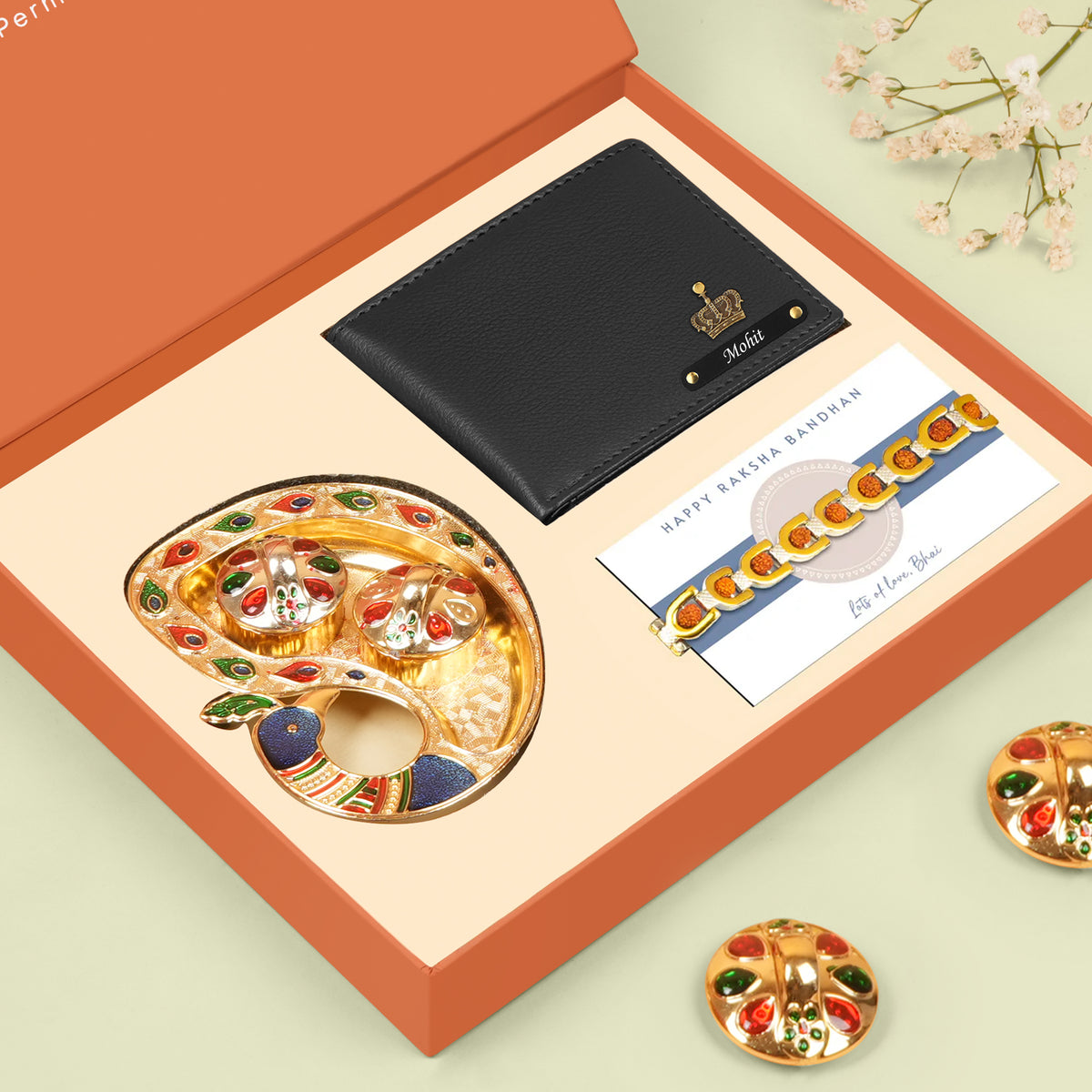 Personalized Leather Wallet & Bracelet Rakhi Hamper