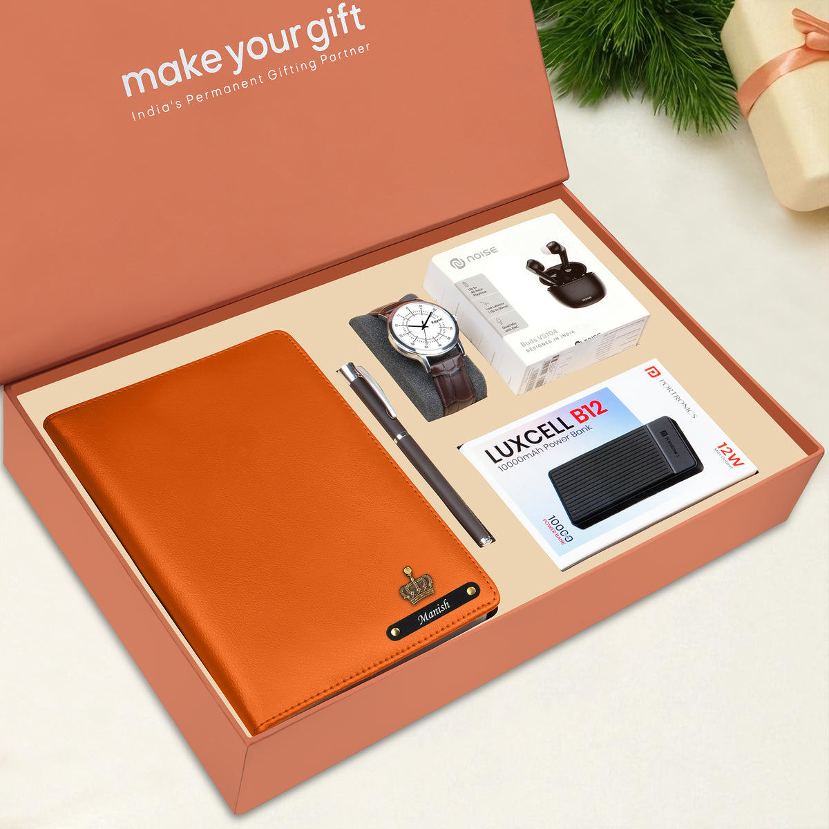 Personalized Diary Pen Power Bank Earbuds & Watch Gift Hamper
