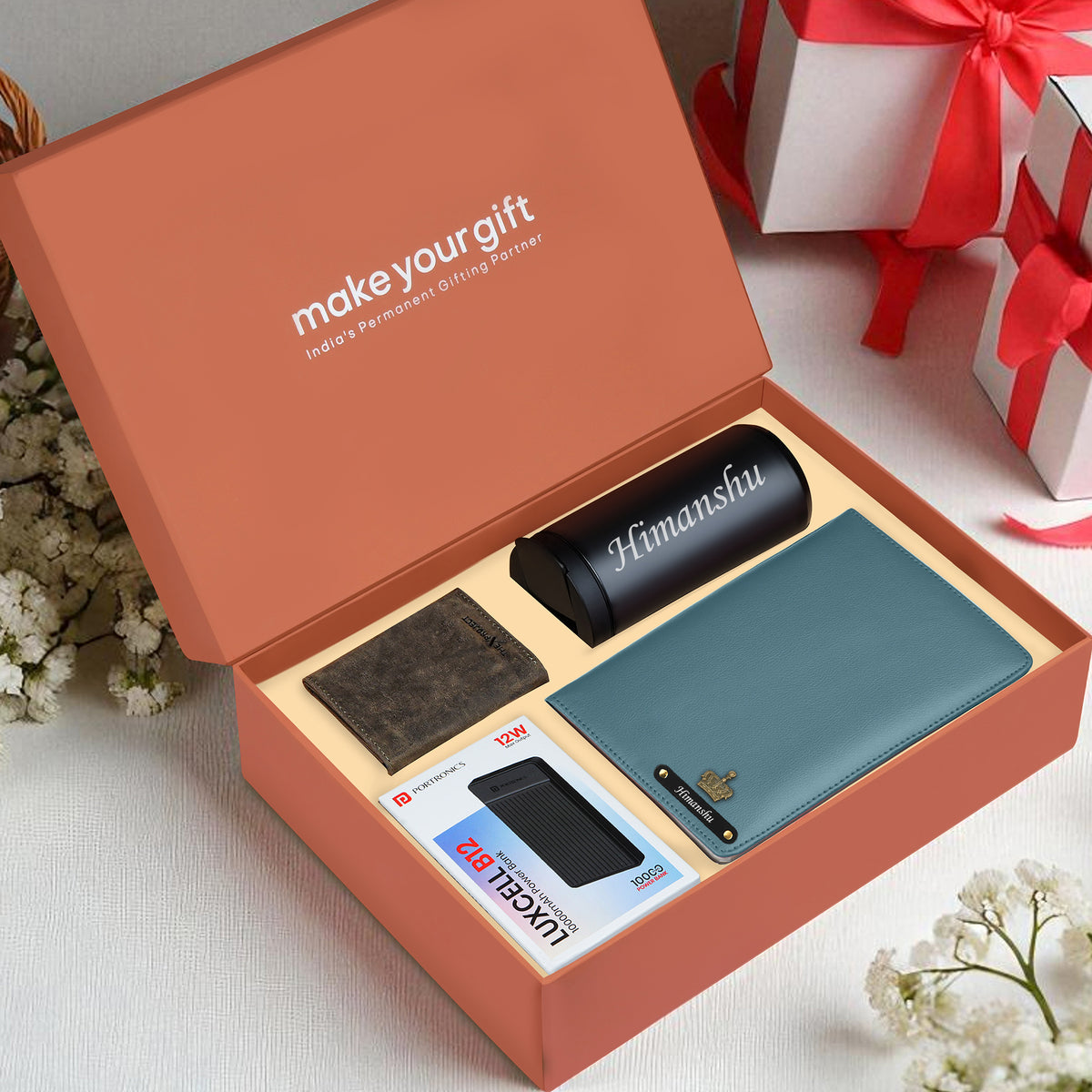Personalized Diary Tumbler Cardholder And Power Bank Gift Hamper For Him