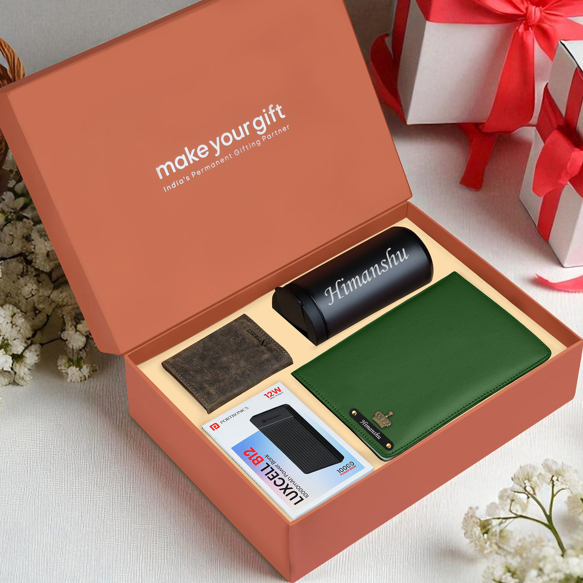 Personalized Diary Tumbler Cardholder And Power Bank Gift Hamper For Him