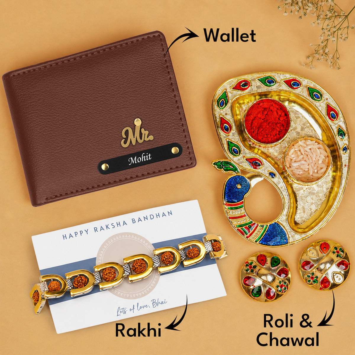 Personalized Leather Wallet & Bracelet Rakhi Hamper