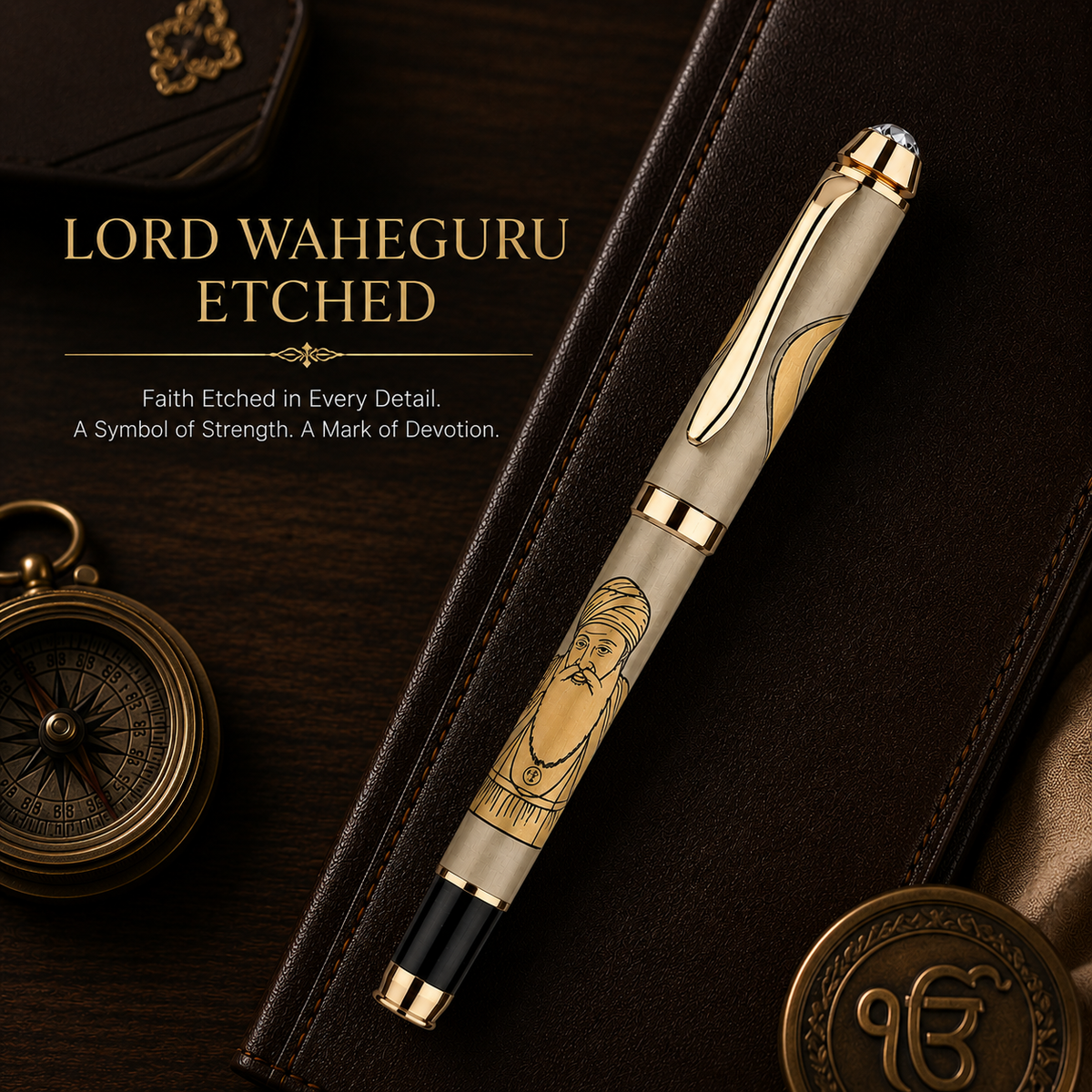 Divine Ink Waheguru Maharaj Premium Etched Metal Roller Pen