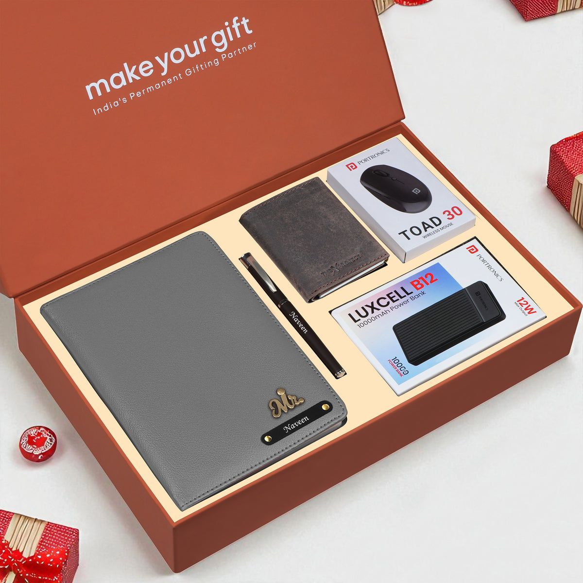 Personalized Diary Cardholder Powerbank Mouse & Pen Gift Hamper For Him