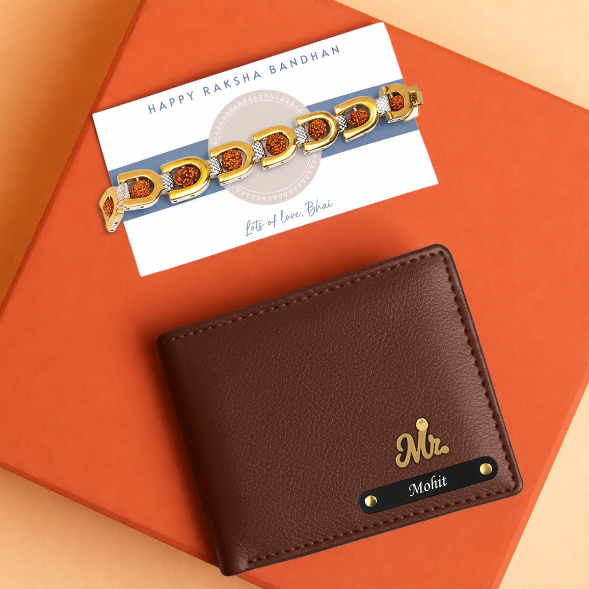 Personalized Leather Wallet & Bracelet Rakhi Hamper