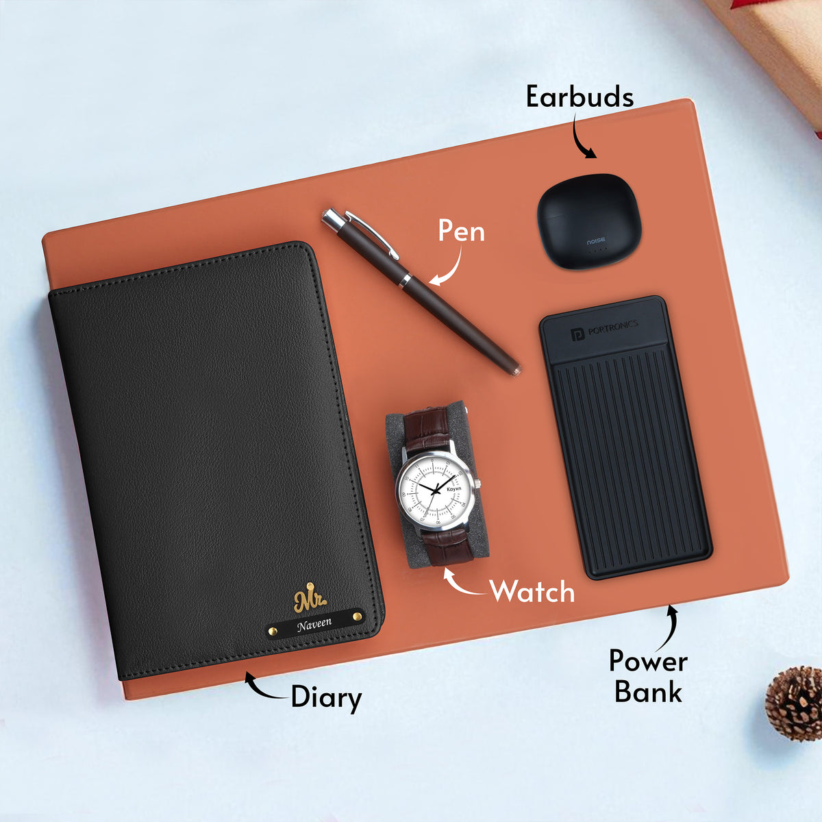 Personalized Diary Pen Power Bank Earbuds & Watch Gift Hamper