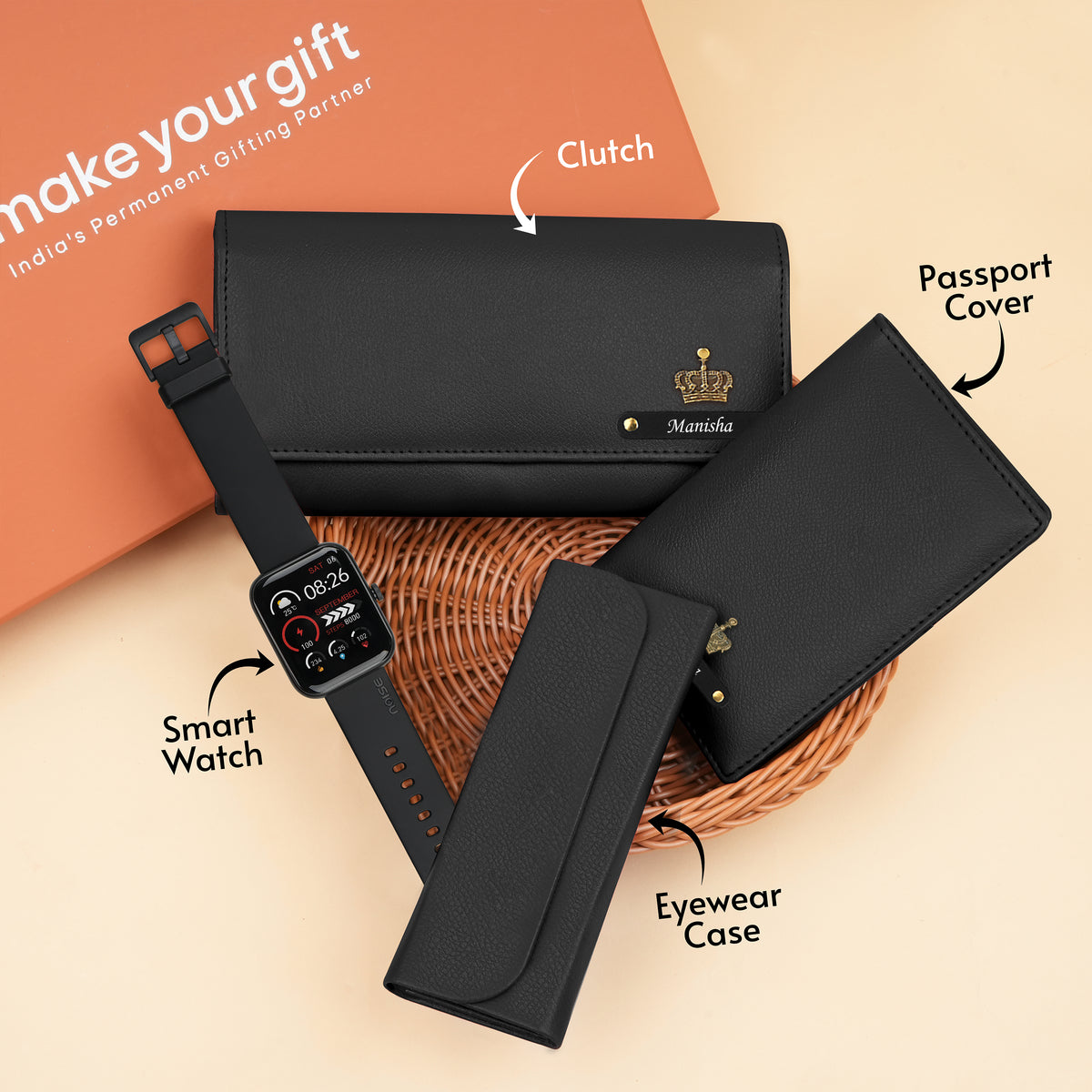 Personalized Clutch, Passport Cover, Eyewear Case & Watch Gift Hamper