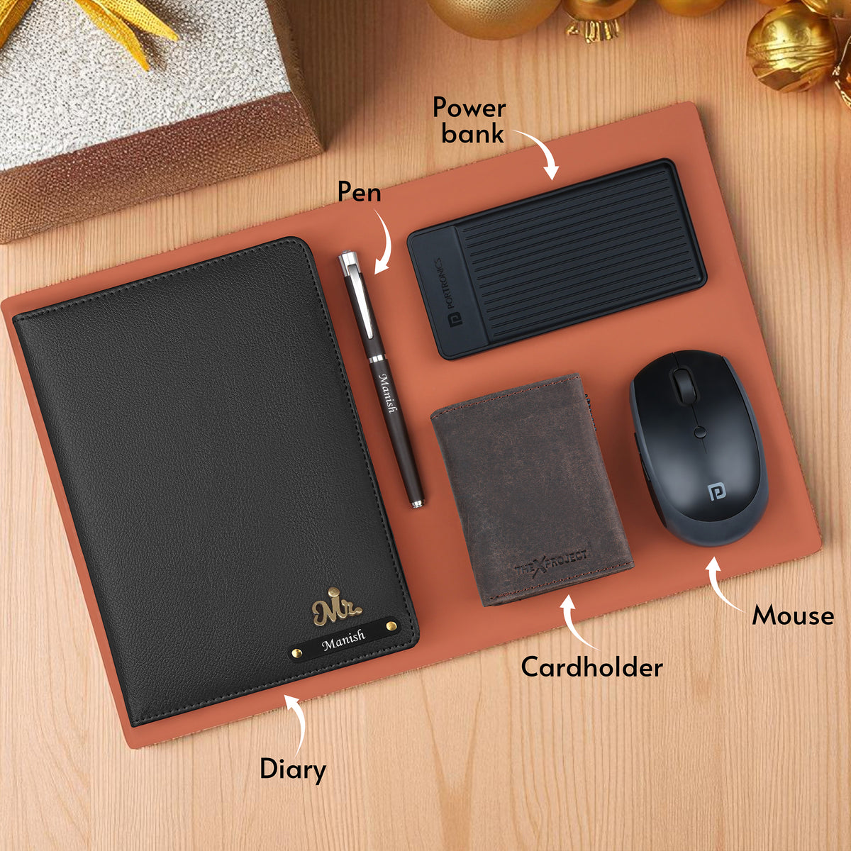 Personalized Diary Cardholder Powerbank Mouse & Pen Gift Hamper For Him