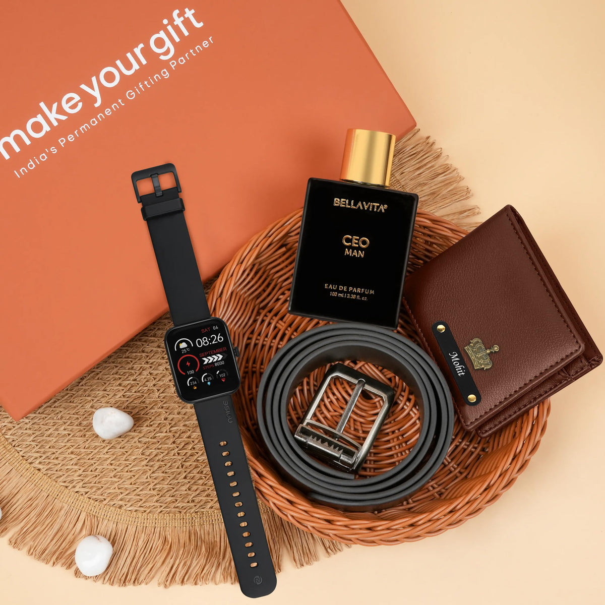 Personalized Wallet Belt Perfume And Smartwatch Gift Hamper
