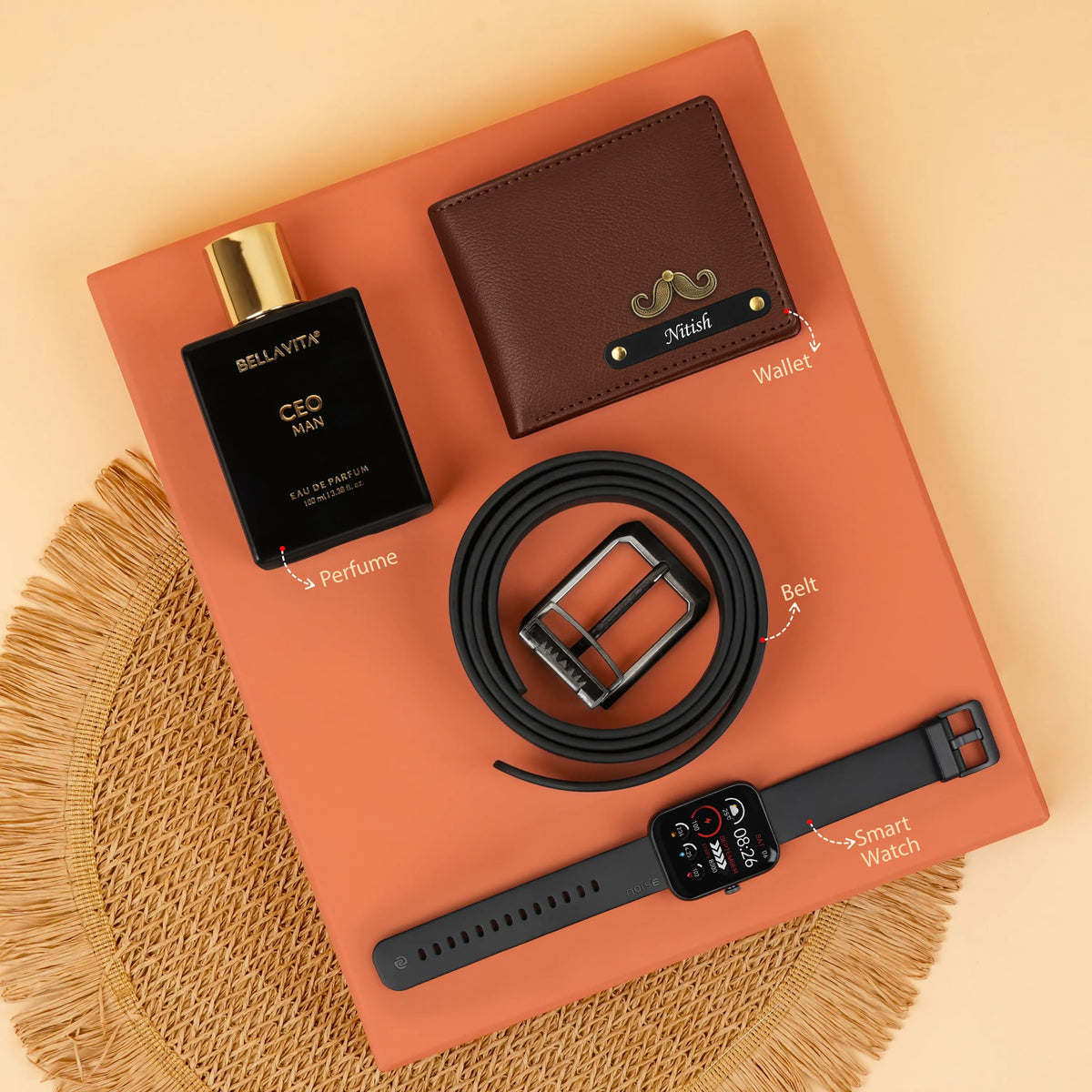 Personalized Wallet Belt Perfume And Smartwatch Gift Hamper