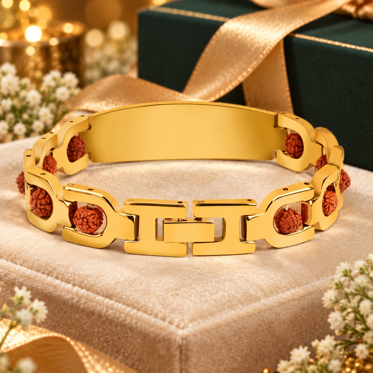 Personalised Brass Rudraksha Bracelet with Name – 24K Gold-Plated, A Spiritual Gift from the Heart