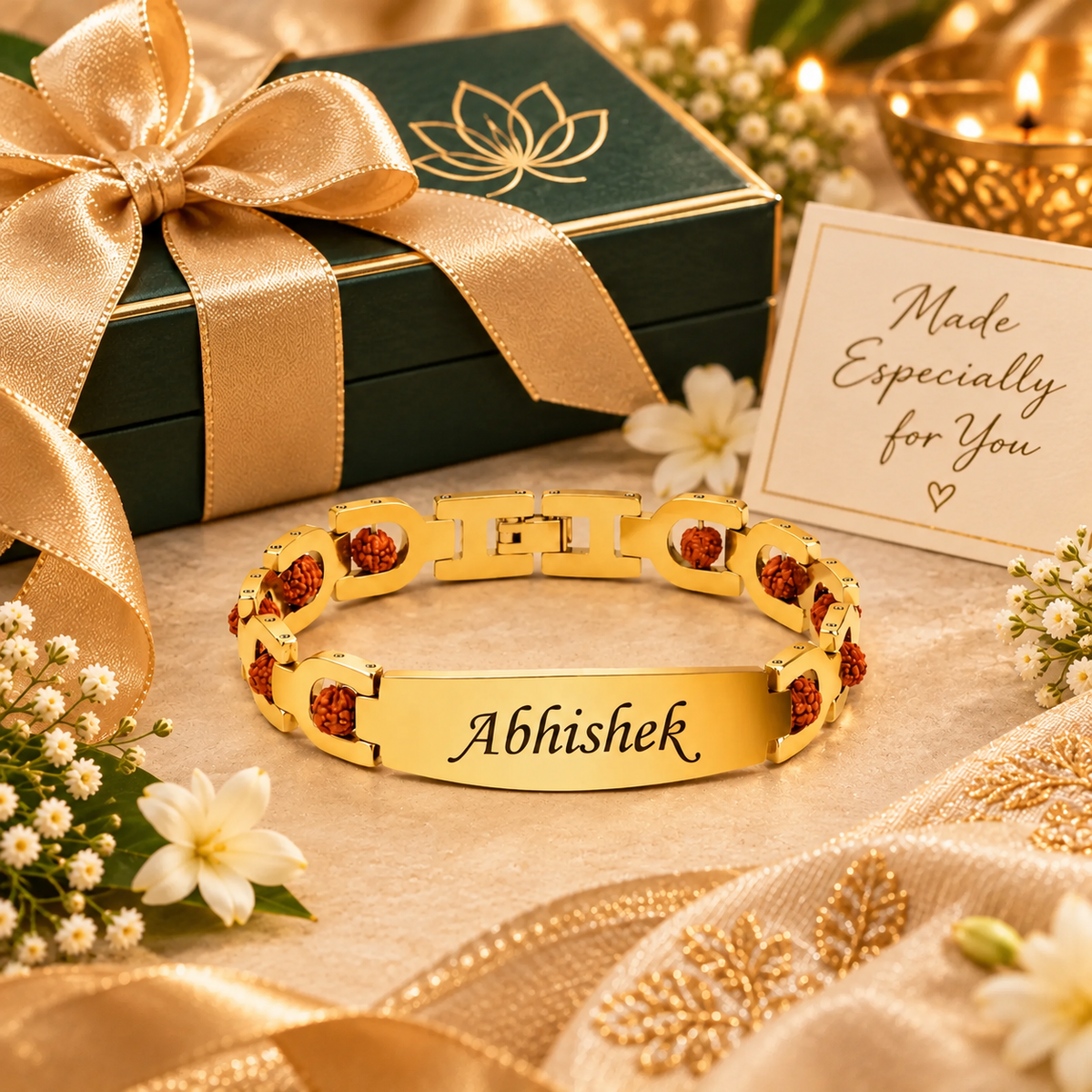Personalised Brass Rudraksha Bracelet with Name – 24K Gold-Plated, A Spiritual Gift from the Heart