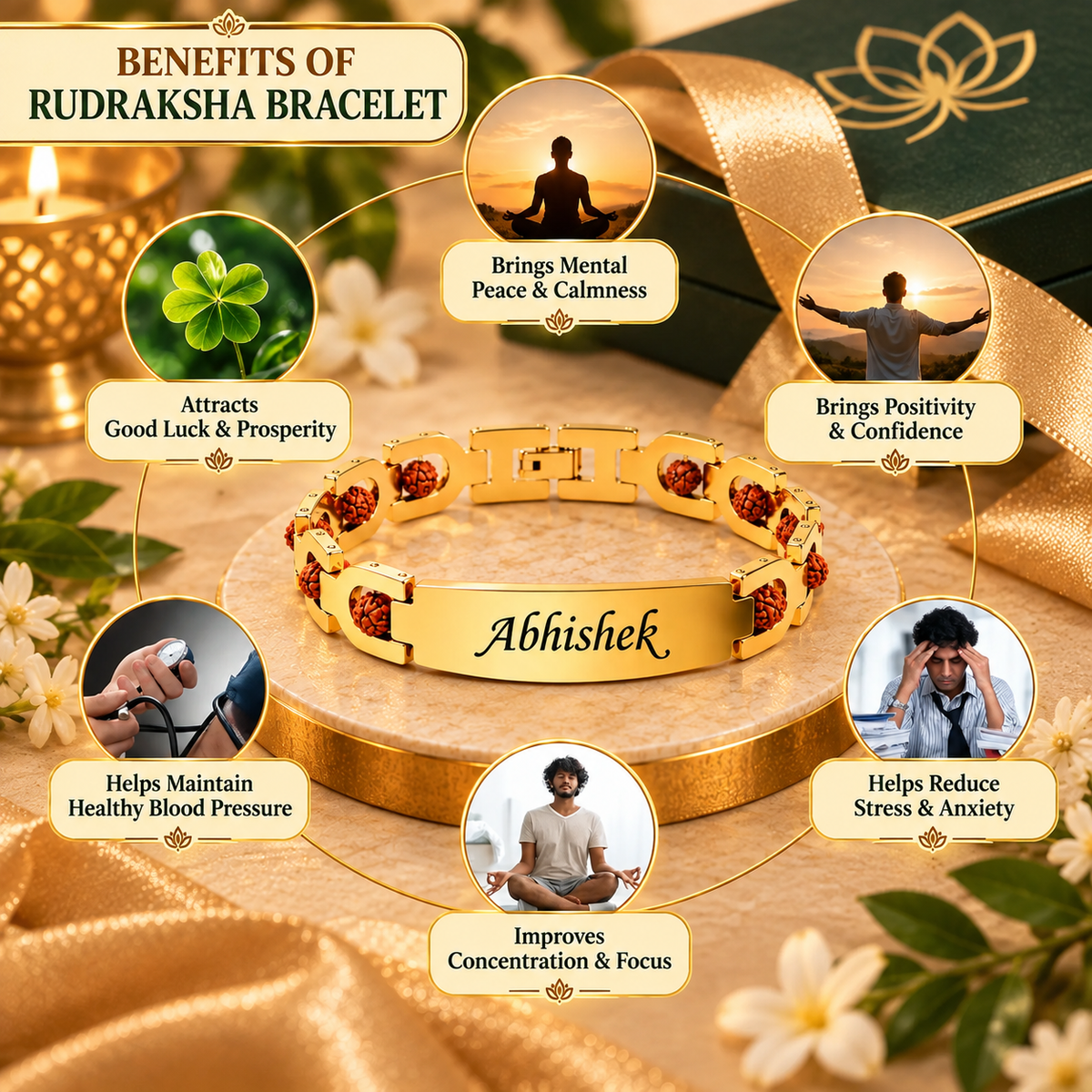 Personalised Brass Rudraksha Bracelet with Name – 24K Gold-Plated, A Spiritual Gift from the Heart