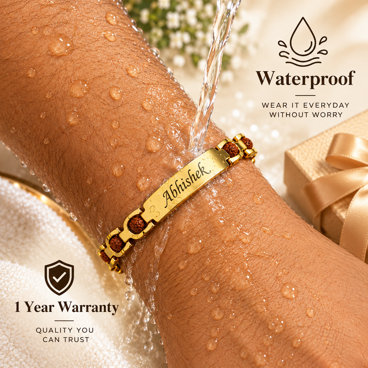 Personalised Brass Rudraksha Bracelet with Name – 24K Gold-Plated, A Spiritual Gift from the Heart