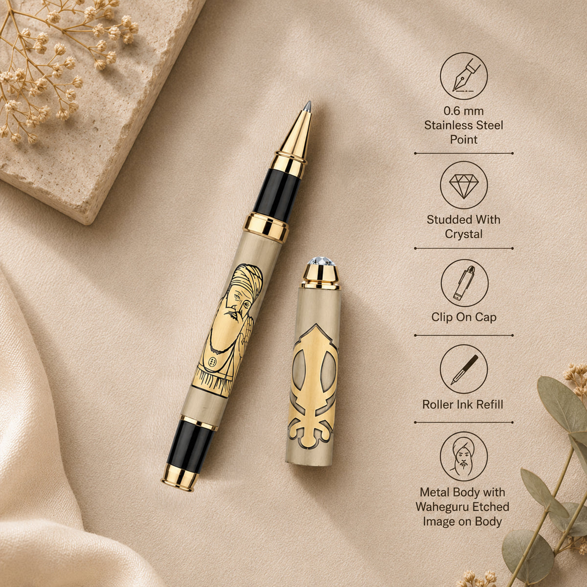 Divine Ink Waheguru Maharaj Premium Etched Metal Roller Pen