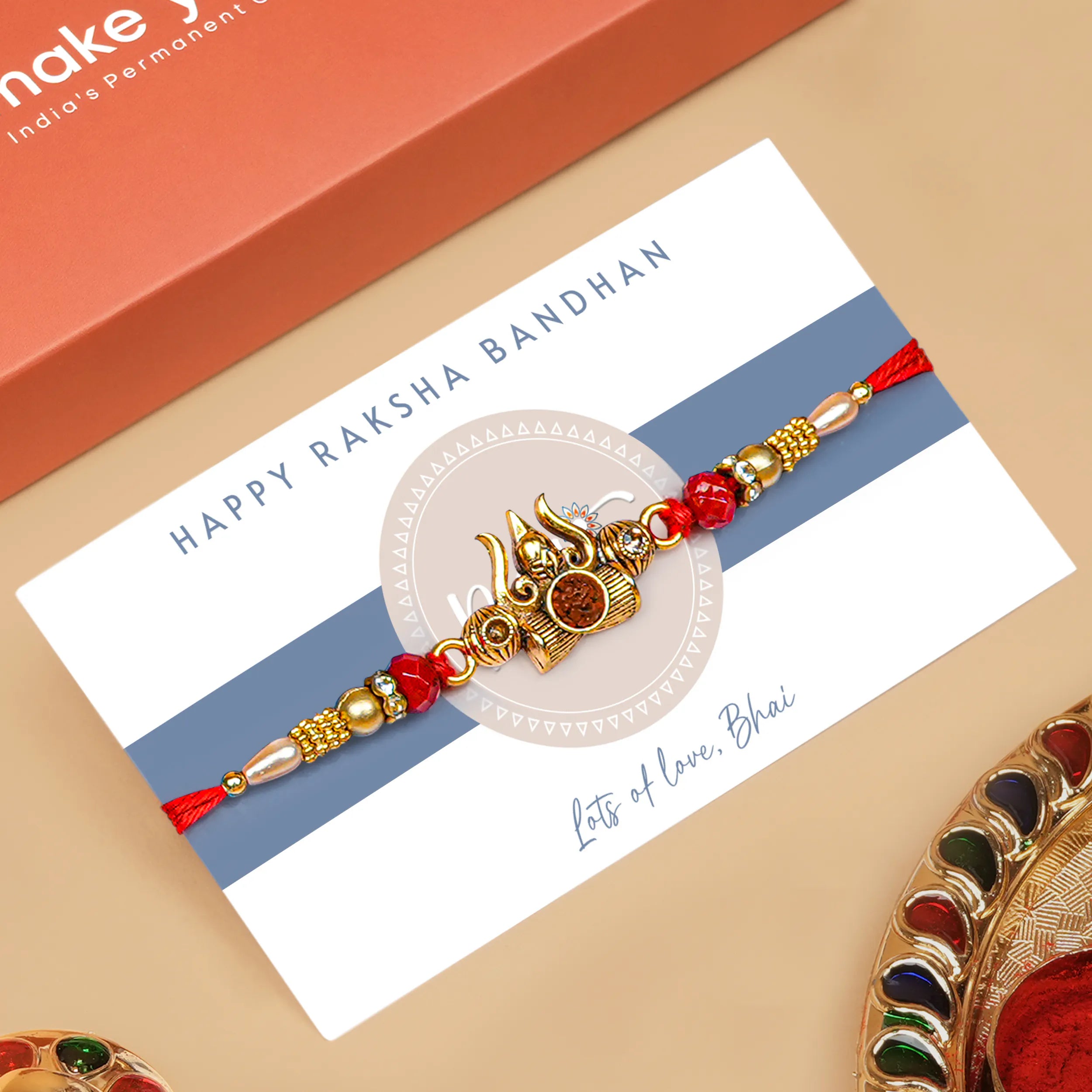 Handcrafted Trishul With Rudraksh Beads Rakhi