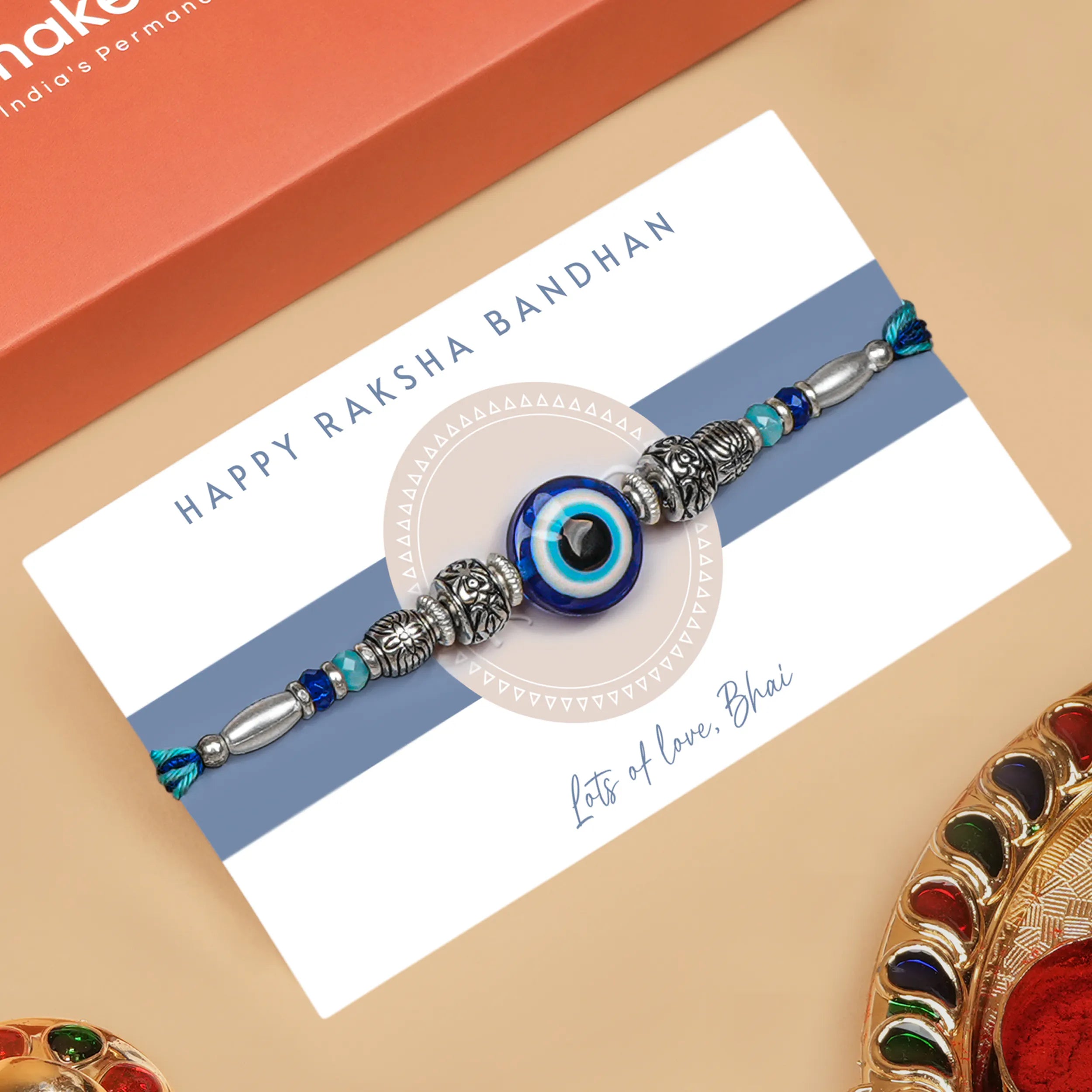 Handcrafted Blue Evil Eye & Oxidized Metal Beads Rakhi