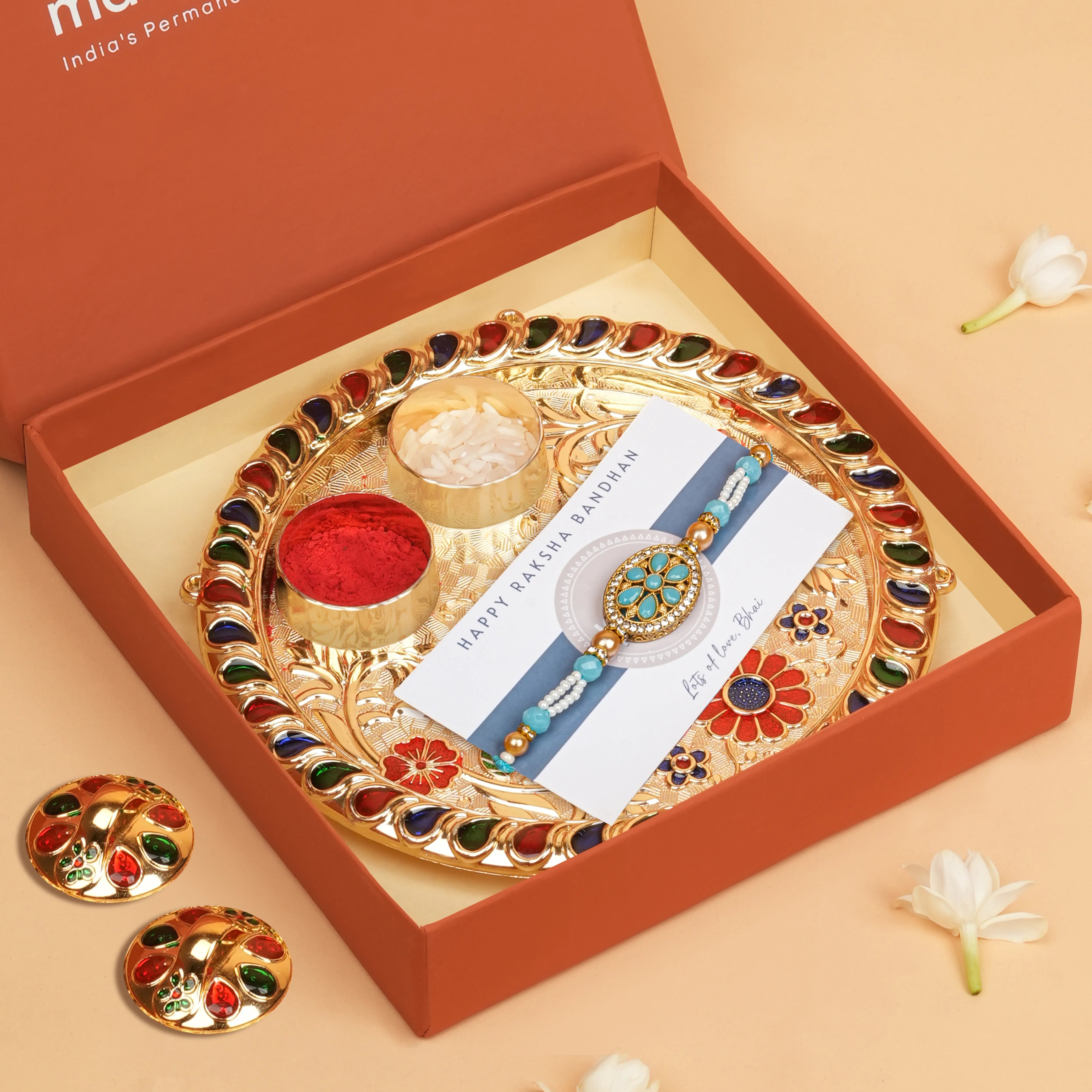 Handcrafted Shubh Neel Pushp Beads Rakhi With Roli Chawal Thali