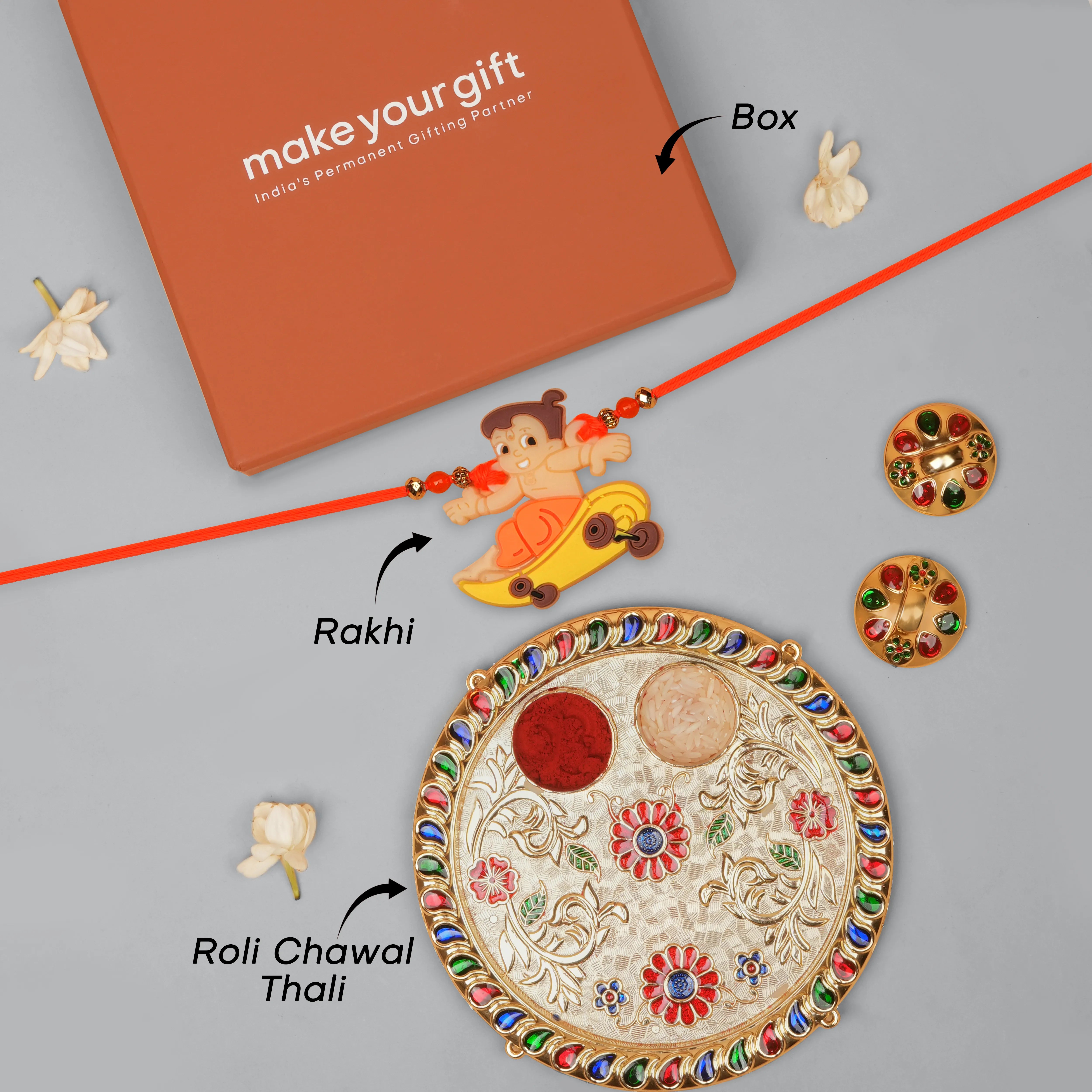 Handcrafted Chota Bheem Kids Rakhi With Roli Chawal Thali