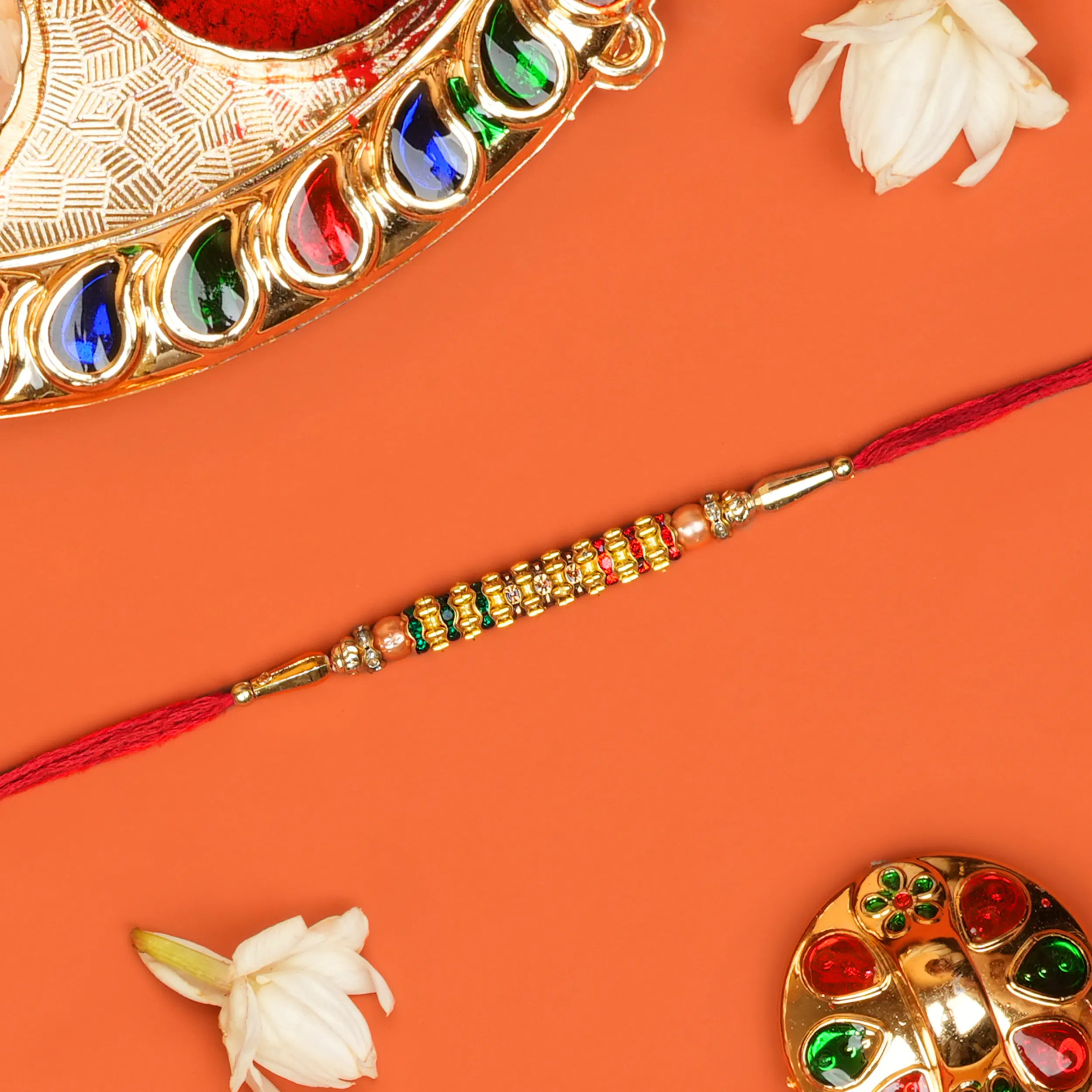 Handcrafted Satrangi Bandhan Rakhi With Roli Chawal Thali