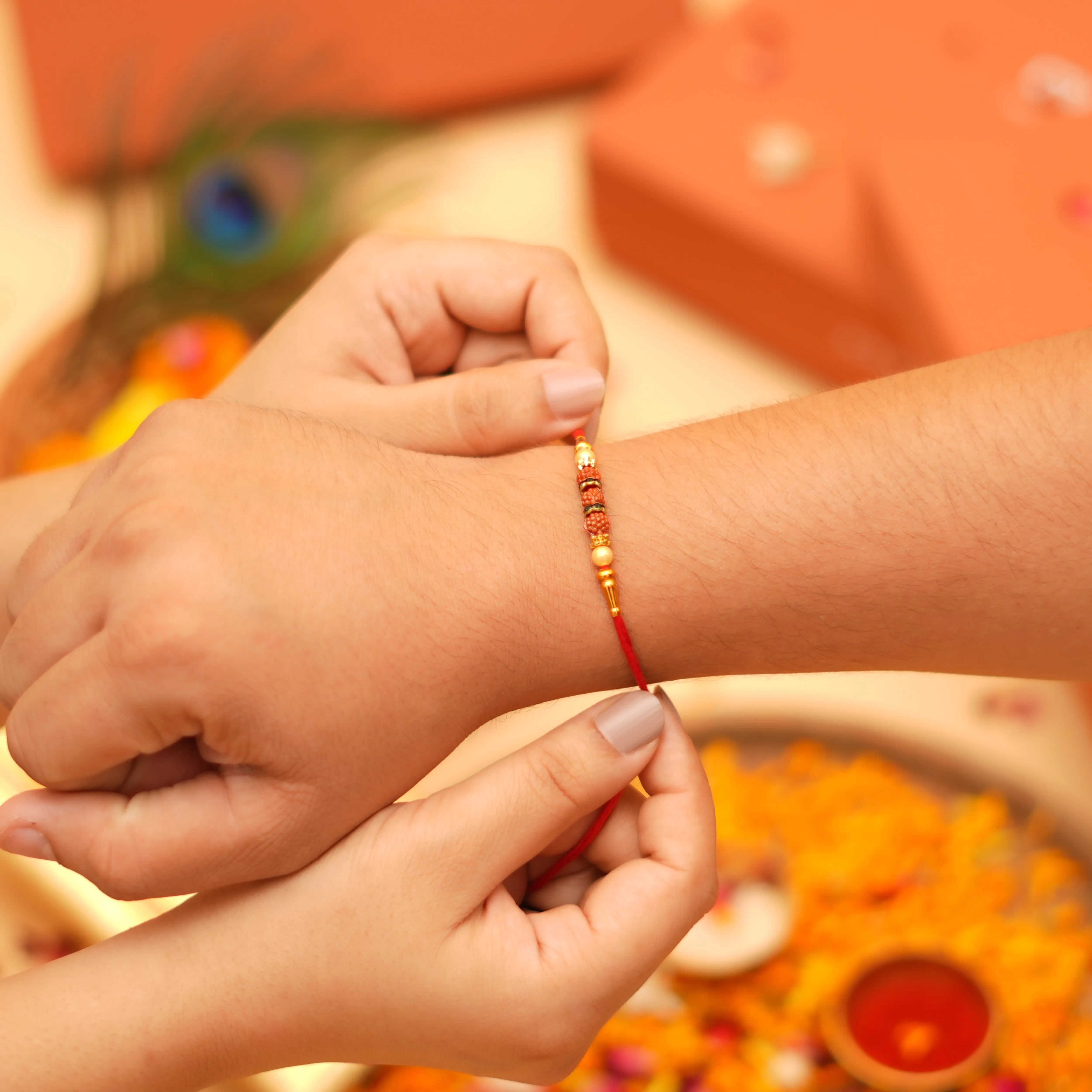 Handcrafted Raksha Kavach Ethnic Rakhi With Roli Chawal Thali