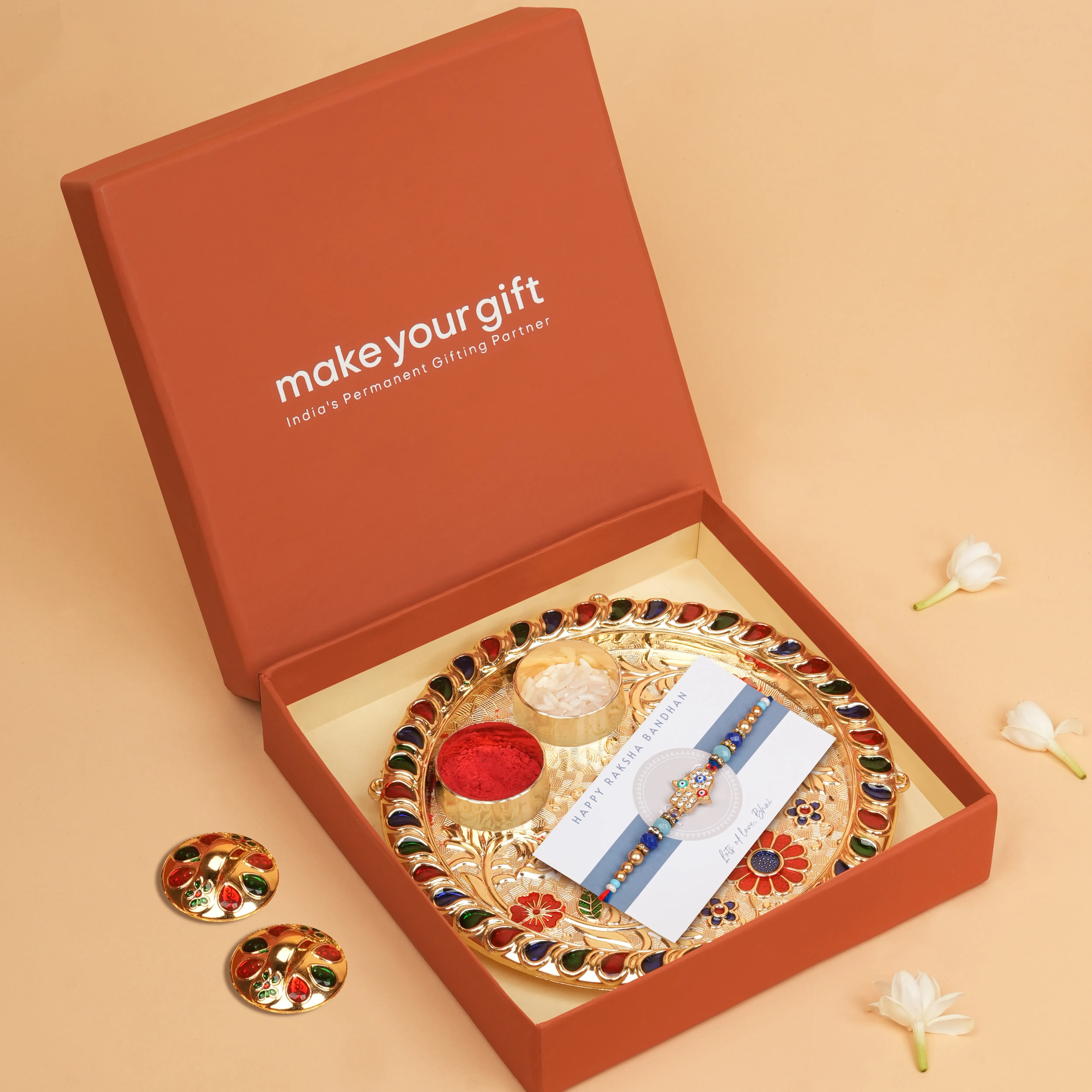 Handcrafted Hamsa Hand Evil Eye Designer Rakhi With Roli Chawal Thali