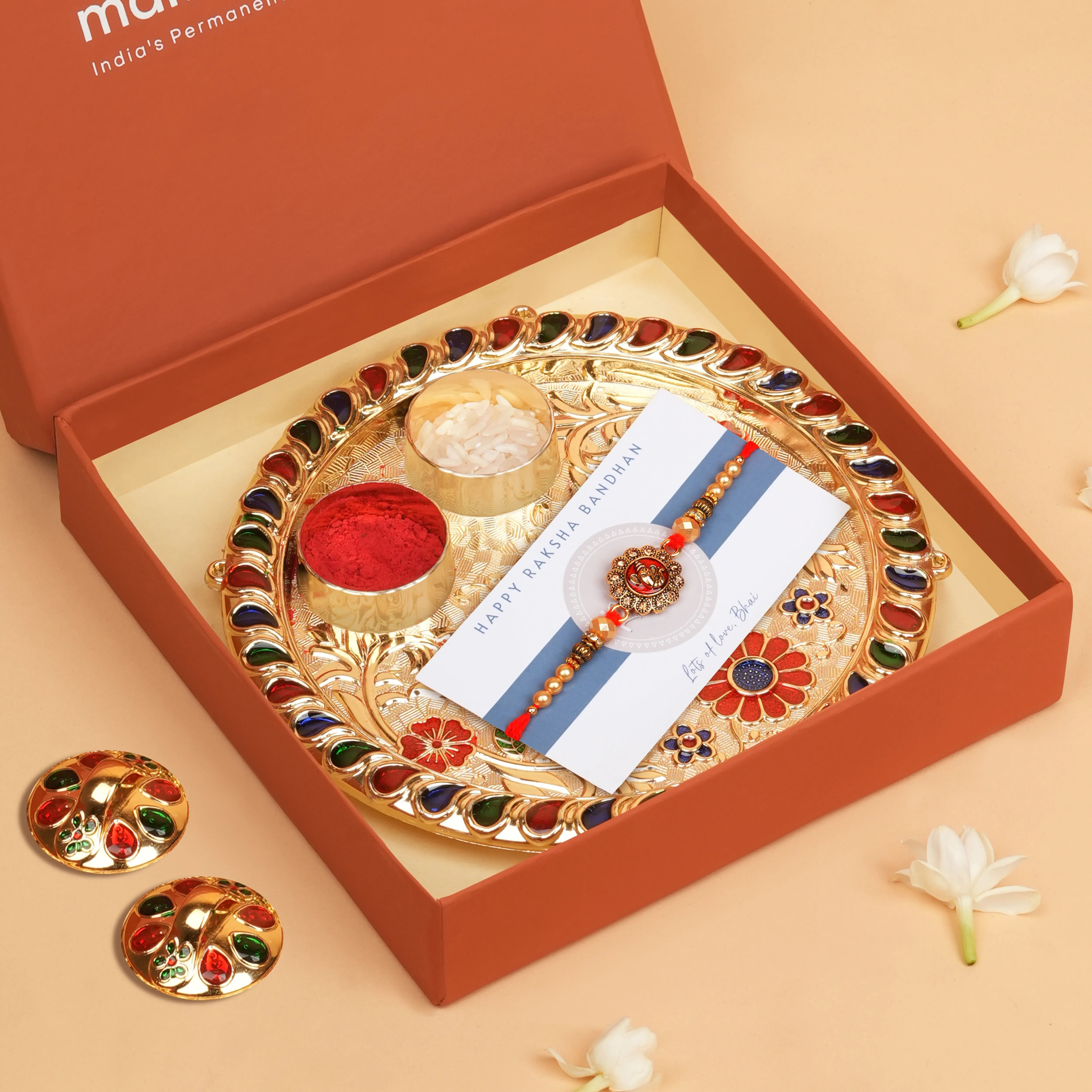 Handcrafted Ganpati Shubh Labh Rakhi With Roli Chawal Thali