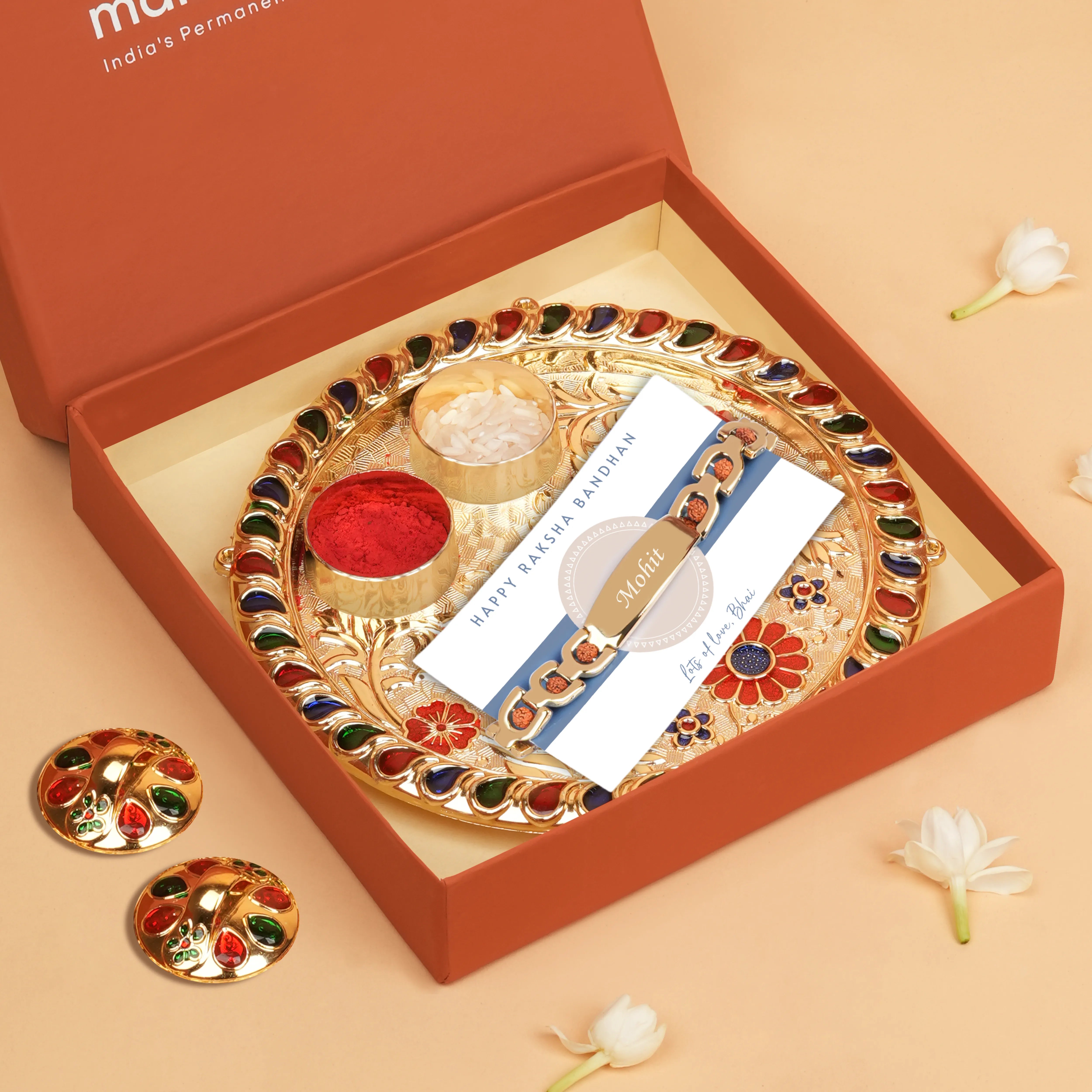 Personalized Bracelet Style Rudraksh Name Rakhi With Roli Chawal Thali