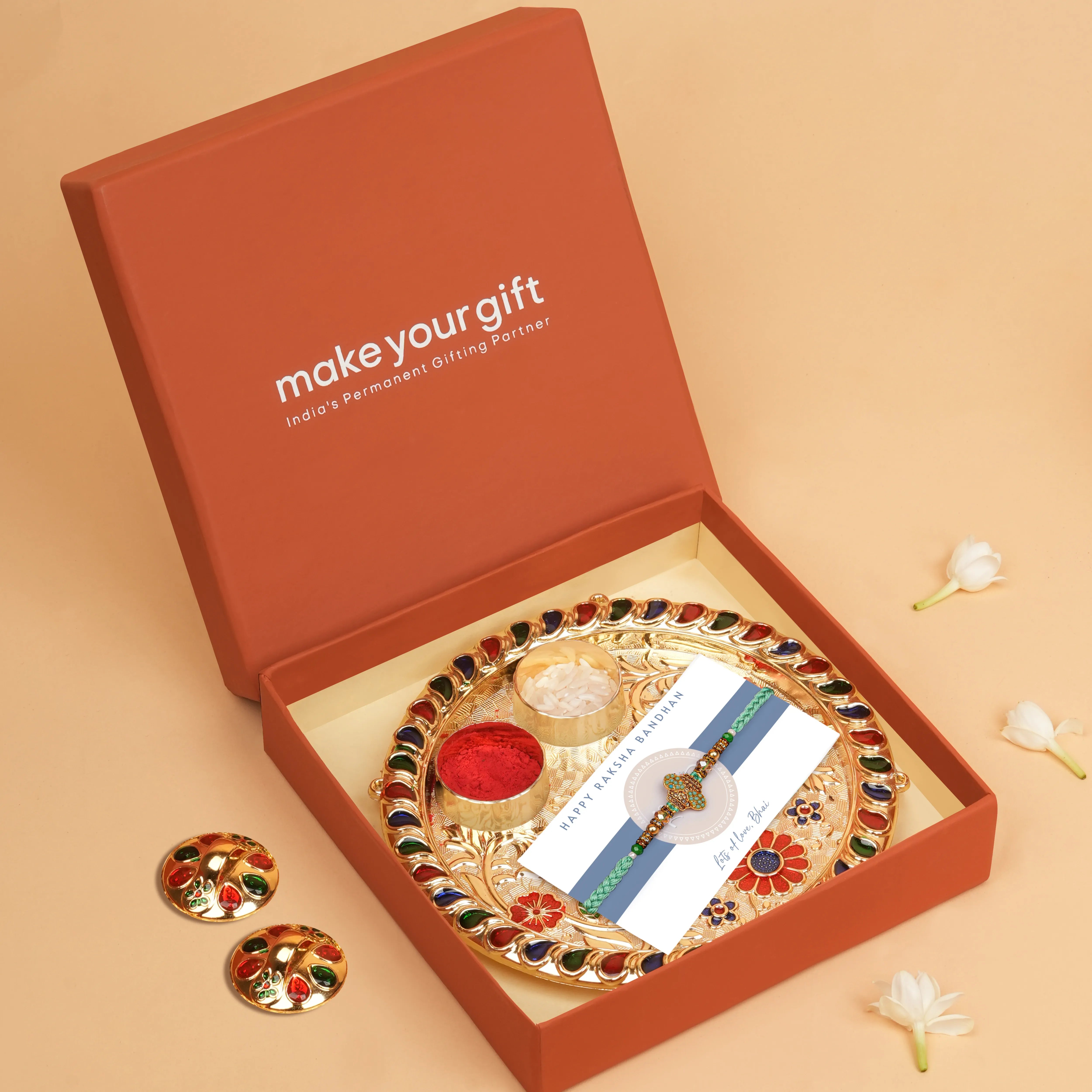 Handcrafted Pushp Vayu Beads Rakhi With Roli Chawal Thali