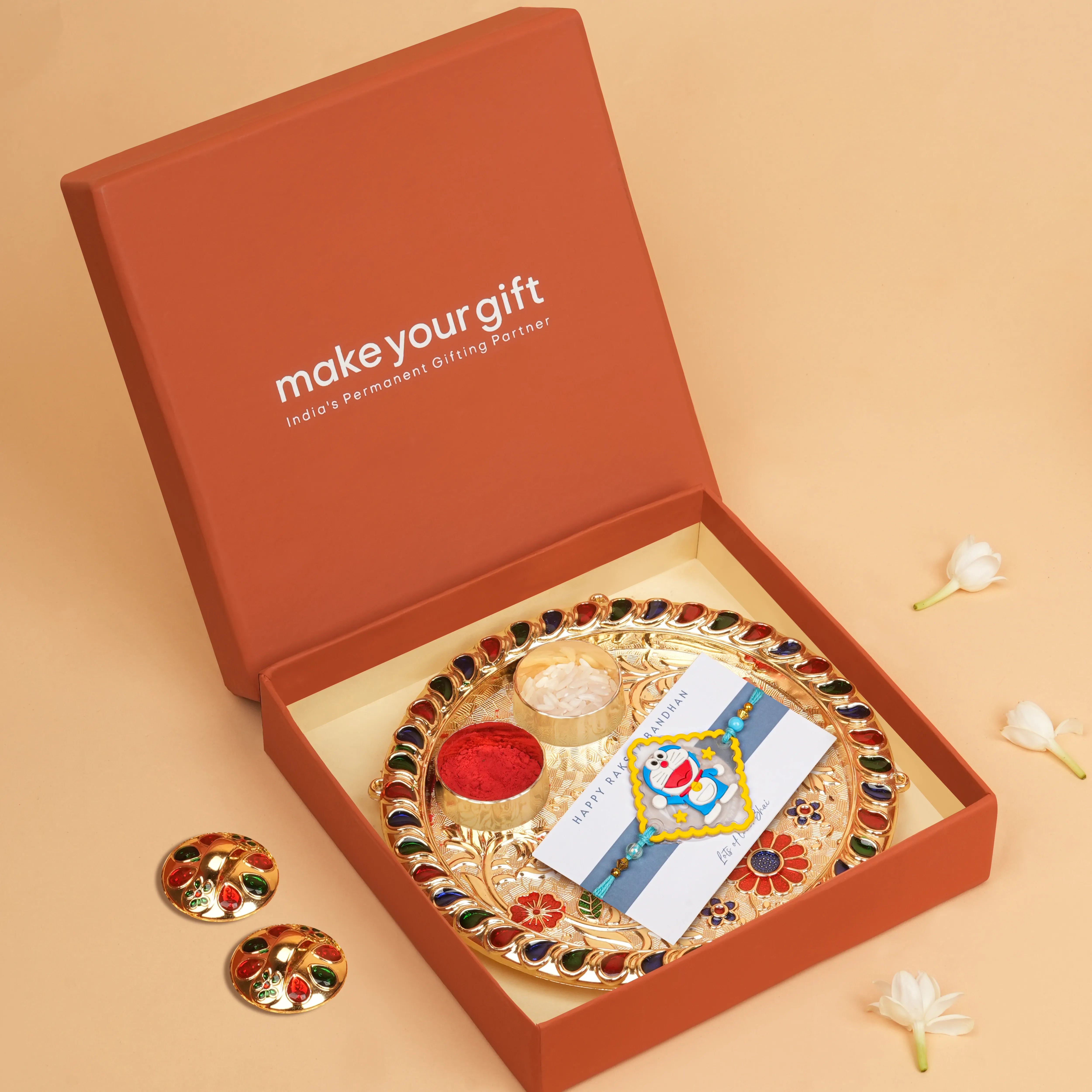 Handcrafted Doraemon Kids Rakhi With Roli Chawal Thali