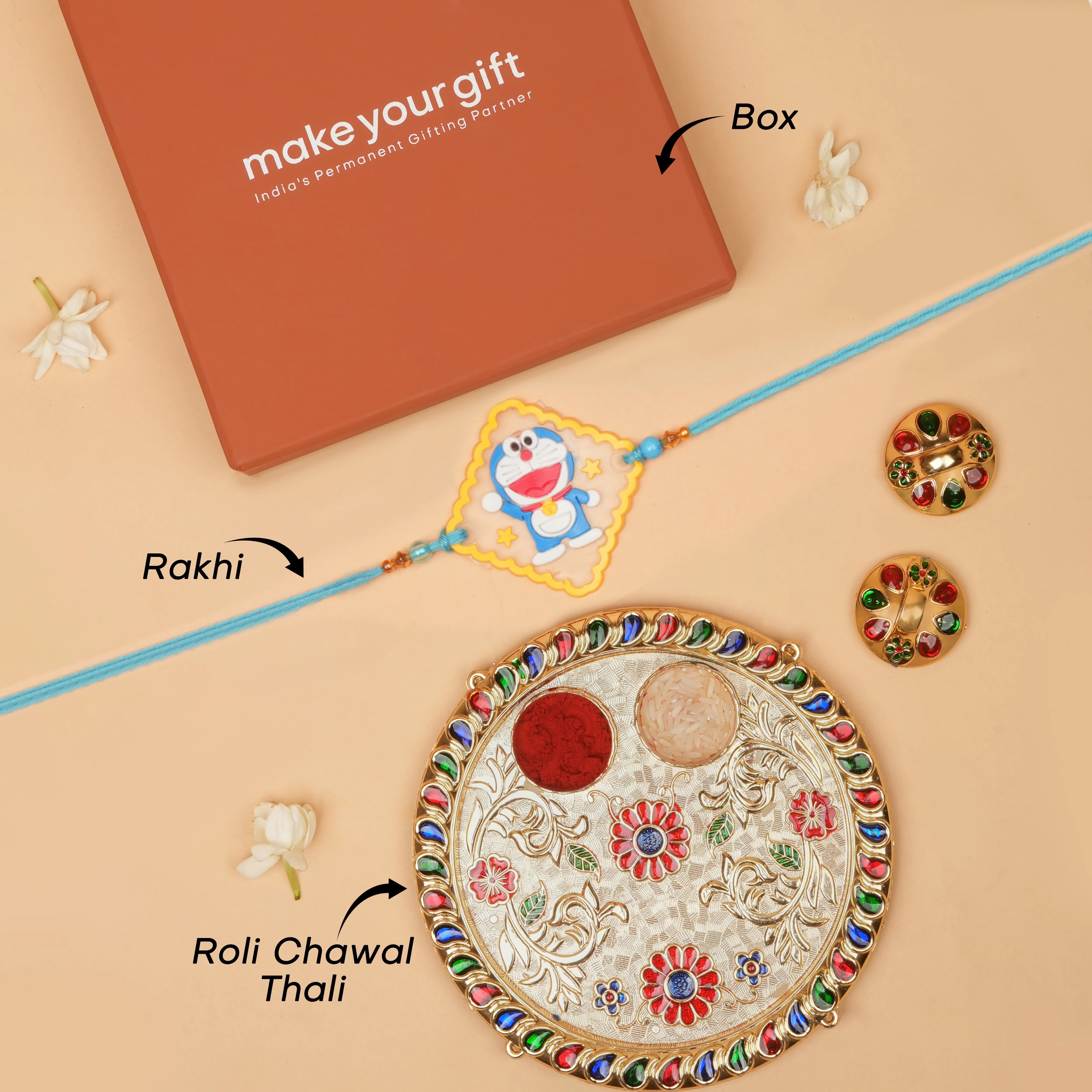 Handcrafted Doraemon Kids Rakhi With Roli Chawal Thali